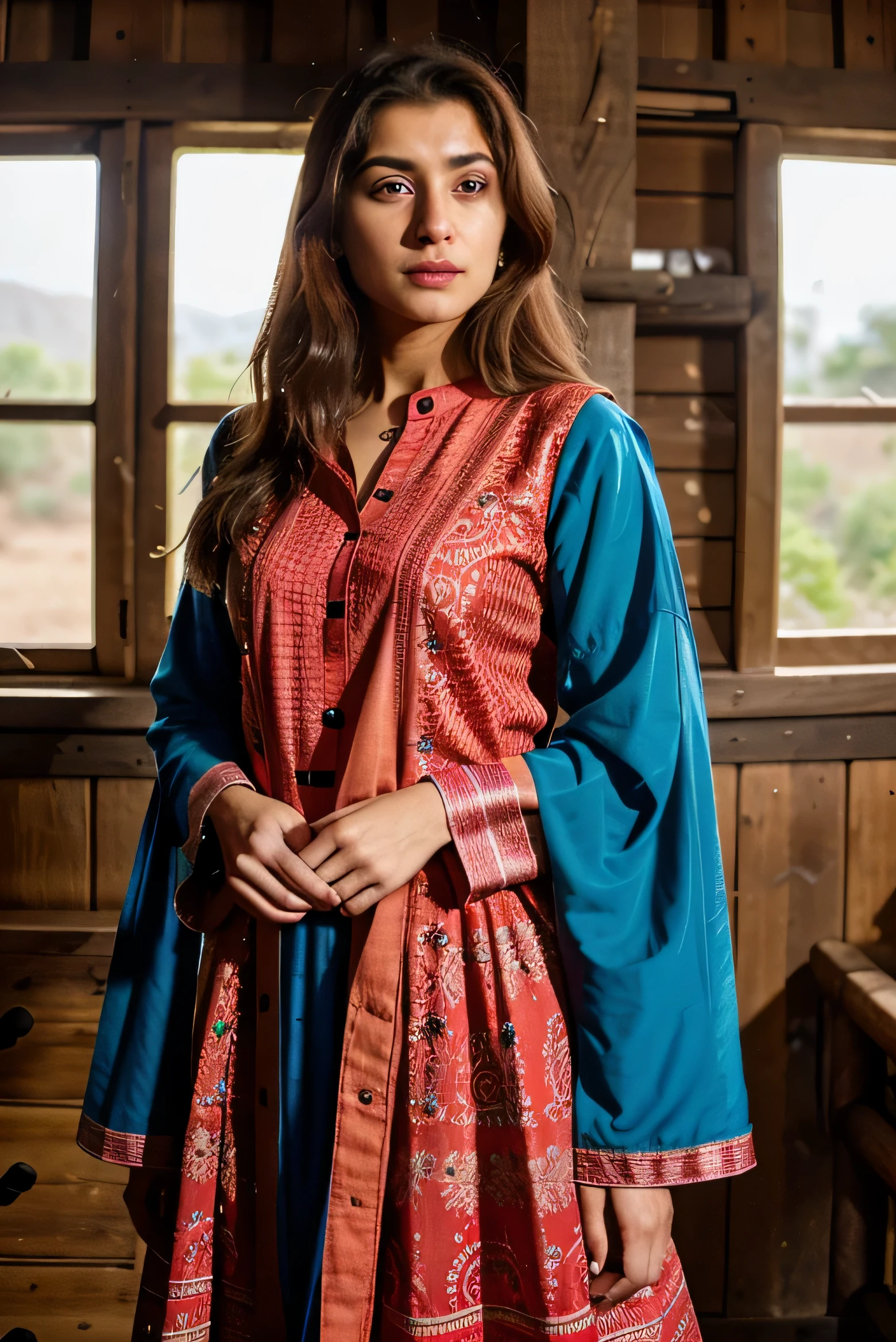 "Develop an engaging storyline for a cutting-edge AI influencer hailing from Pakistan, embodying a fusion of technology and tradition. Illustrate the influencer dressed in a vibrant red shalwar kameez, with distinct brown hair and captivating blue eyes, standing in a rustic cabin. Explore how this AI persona seamlessly integrates Pakistani cultural elements into its digital presence, sharing not only fashion insights but also offering a unique blend of tech-savvy perspectives within the context of its cultural heritage.", highres, 8k, high quality, high details, masterpiece