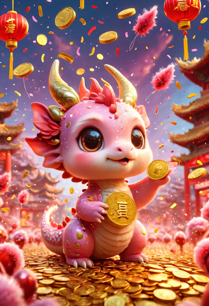 Q version，Cute little dragon，Chinese style，pink space，festive atmosphere，Spring Festival，Lovely antlers，Chinese elements，cartoon，cute pet，Lively,Many gold coins burst out from firecrackers，Red and gold confetti flying in the sky，Gold coin rain，浓浓的festive atmosphere，Very lively。