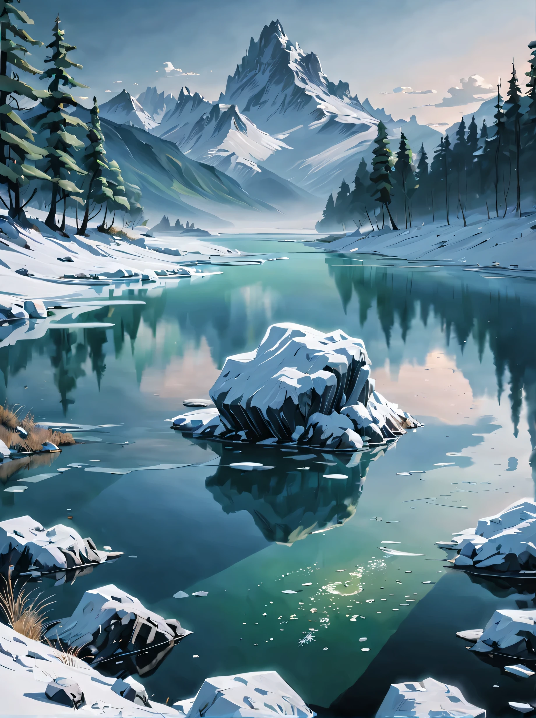 serene lago covered with a thin Geada, The delicate and intricate texture of ice and frost is depicted in the painting, the Realistic lighting effects fill the entire scene with a sense of vitality, the creative composition and perspective add profundidade and Camadas to the picture. The montanhas and trees in the background are faintly visible, criando uma atmosfera misteriosa e tranquila que traz um impacto visual. 

Lago verde, Geada, agua esverdeada, textura delicada, Geada intrincada, Realistic lighting effects, creative composition, profundidade, Camadas, montanhas, trees, Atmosfera misteriosa, Ambiente tranquilo.