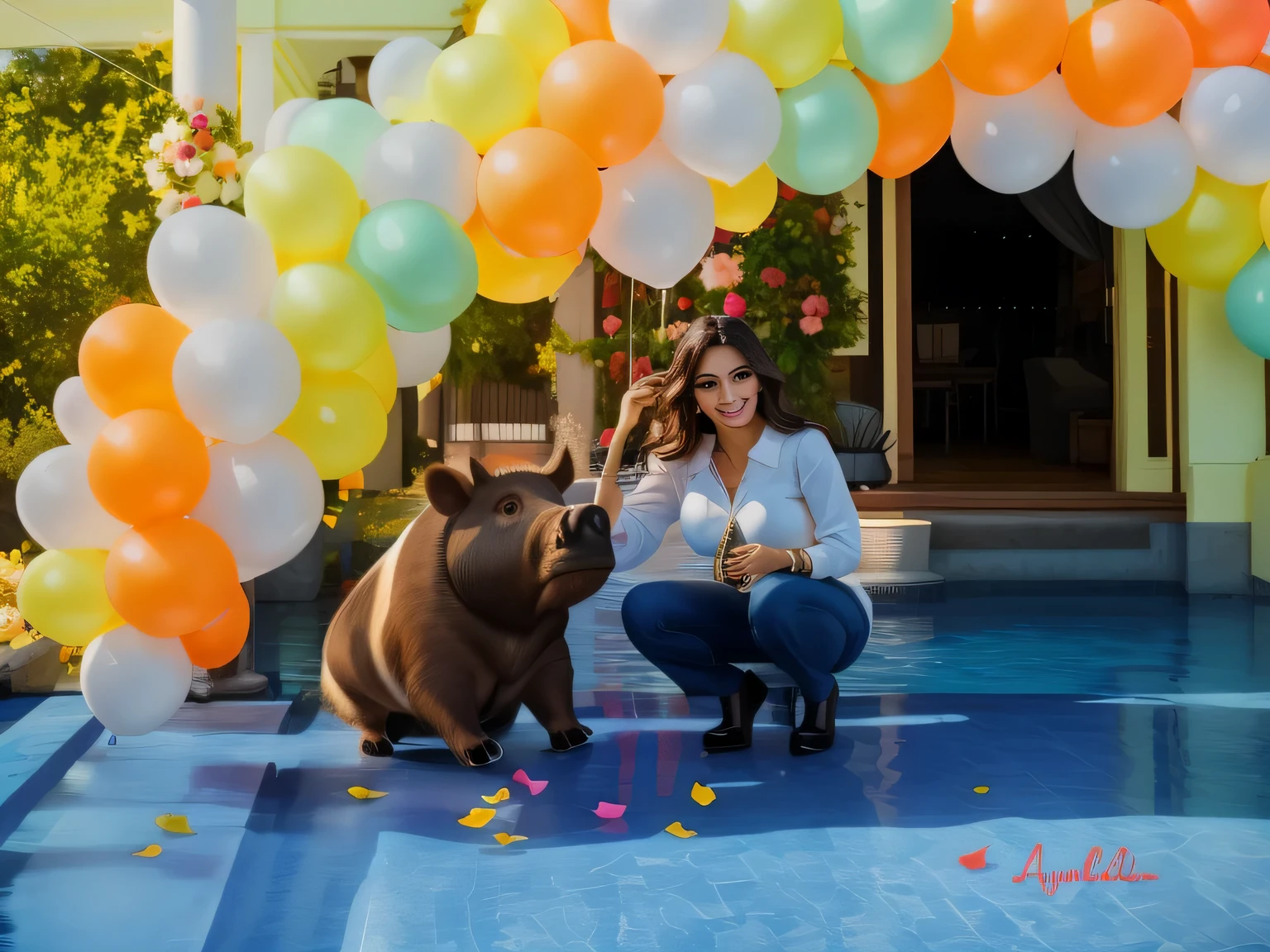 Mulher agachada ao lado de um javali de isopor, beneath a balloon arch like a clay character. Mulher com pele branca bronzeada e cabelos escuros. ela tem cerca de 35 anos. Your slightly plump lips are like a delicate flower, seus olhos castanhos escuros. Corpo fino. cintura fina. Your body exudes glamor and your face is the definition of beauty. Altamente realista, Lindo, soft lips, batom cor de rosa, sorriso, feeling of lightness and joy, hiperrealismo, pele muito elaborada. foto de corpo inteiro, Limpar foto, alta qualidade, high resolution, obra de arte, 8k.