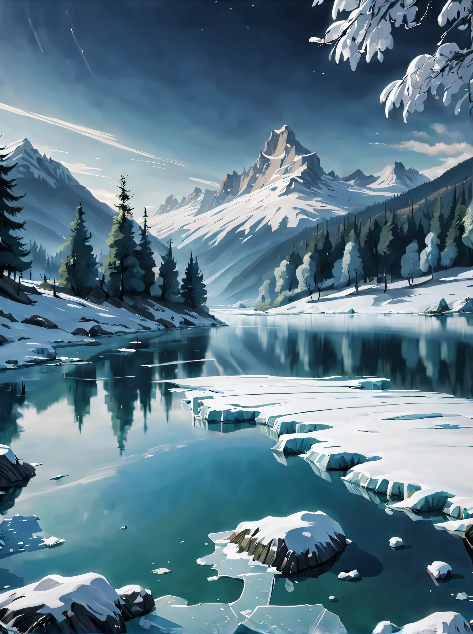 serene lago covered with a thin Geada, The delicate and intricate texture of ice and frost is depicted in the painting, the Realistic lighting effects fill the entire scene with a sense of vitality, the creative composition and perspective add profundidade and Camadas to the picture. The montanhas and trees in the background are faintly visible, criando uma atmosfera misteriosa e tranquila que traz um impacto visual. 

Lago verde, Geada, agua esverdeada, textura delicada, Geada intrincada, Realistic lighting effects, creative composition, profundidade, Camadas, montanhas, trees, Atmosfera misteriosa, Ambiente tranquilo.