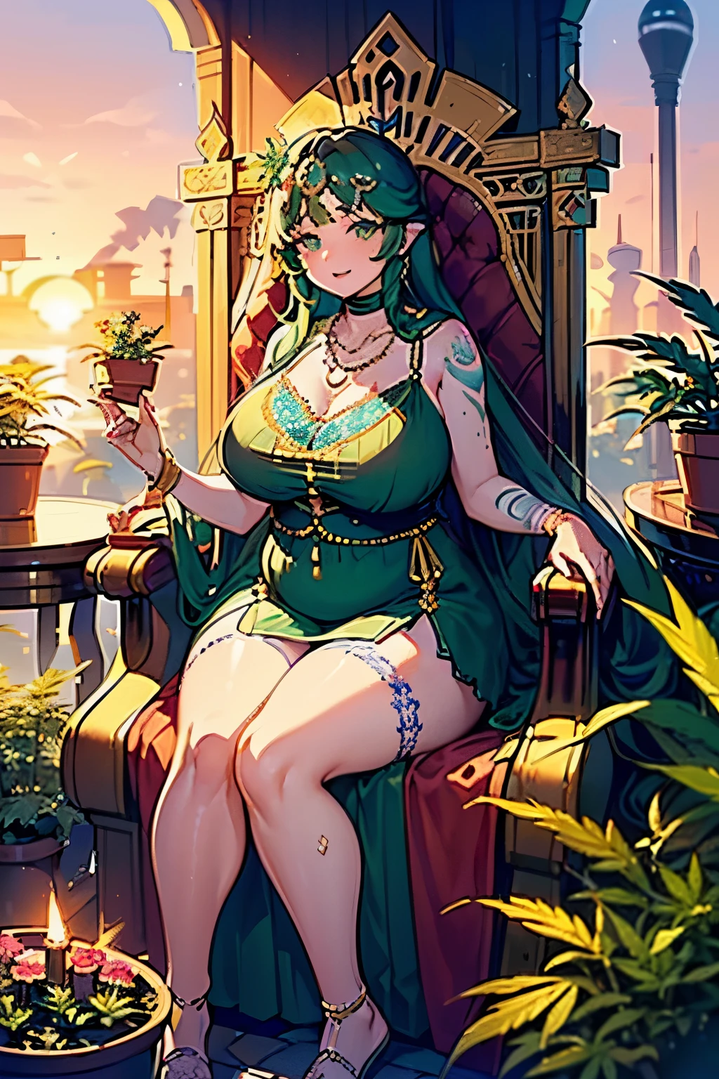 ((joyful ((chubby ((Iraqi)) girl)) with very long hair (sitting in opulent) throne while peacefully observing the sunrise, (wearing detailed sheer emerald-green negligee), (wearing antique lace necklace), (detailed cannabis flower tattoos on arms and legs), plump legs spread apart, high quality photo, outside next to flowing riverbank with incense burning and (with many potted plants during foggy sunrise)