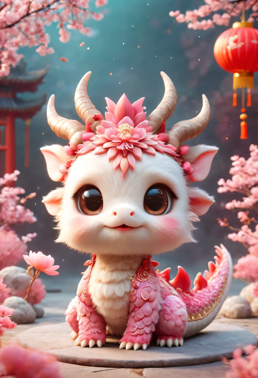 Q version,Cute little dragon,Chinese style,pink space,festive atmosphere,Spring Festival,Lovely antlers,Chinese elements,cartoon,cute pet,Lively