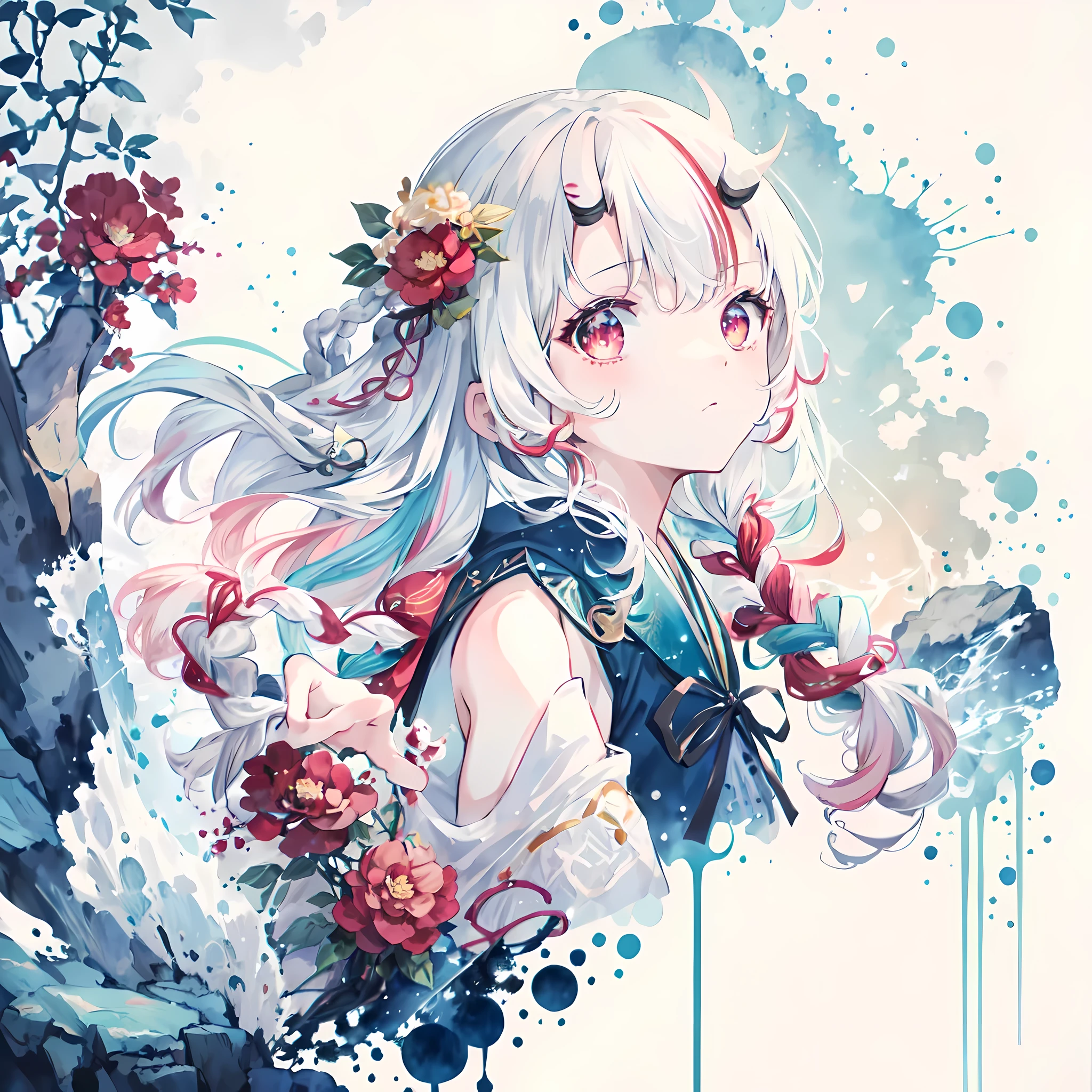Anime girl with long white hair and flowers in her hair - SeaArt AI