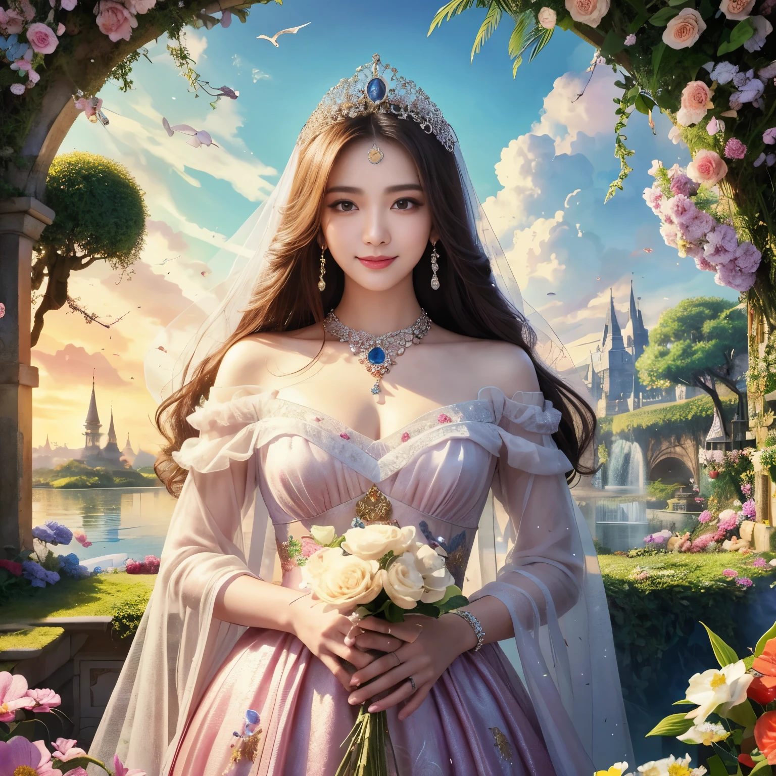 (highest quality、table top、8K、best image quality、hyper realism)、the most sacred goddess、the most luxurious heaven、The most extravagant and finest giant princess dress、Finest jeweled dress、the most beautiful giant princess dress、Top quality giant tiara、Top quality giant necklace、highly detailed face、upper body photo、swollen chest、the best smile when you look at me, long hair fluttering in the wind, heavenly flower garden、Colorful flower garden, accurate anatomy、fairy tale atmosphere、sacred fairy tale brilliance、The most fantastic and vivid heaven、heaven full of light、The most fantastic heavenly garden、heavenly atmosphere、more beautiful heaven、A treasure trove of beautiful nature、a paradis、paradis、Shining beautiful skin、A paradise of living creatures、beautiful waterfall、treasure trove of creatures、A paradise inhabited by a variety of beautiful creatures