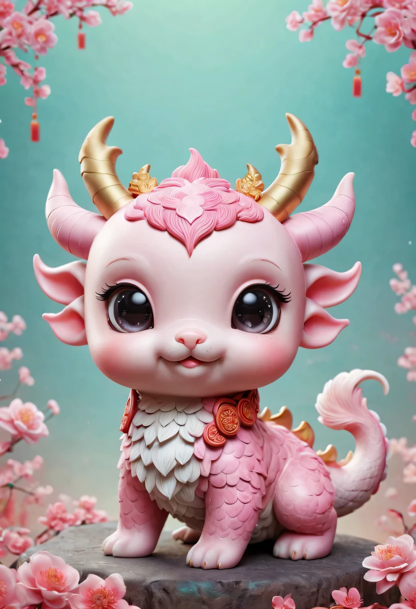 Q version，Cute little dragon，Chinese style，pink space，festive atmosphere，Spring Festival，Lovely antlers，Chinese elements，cartoon，cute pet，Lively