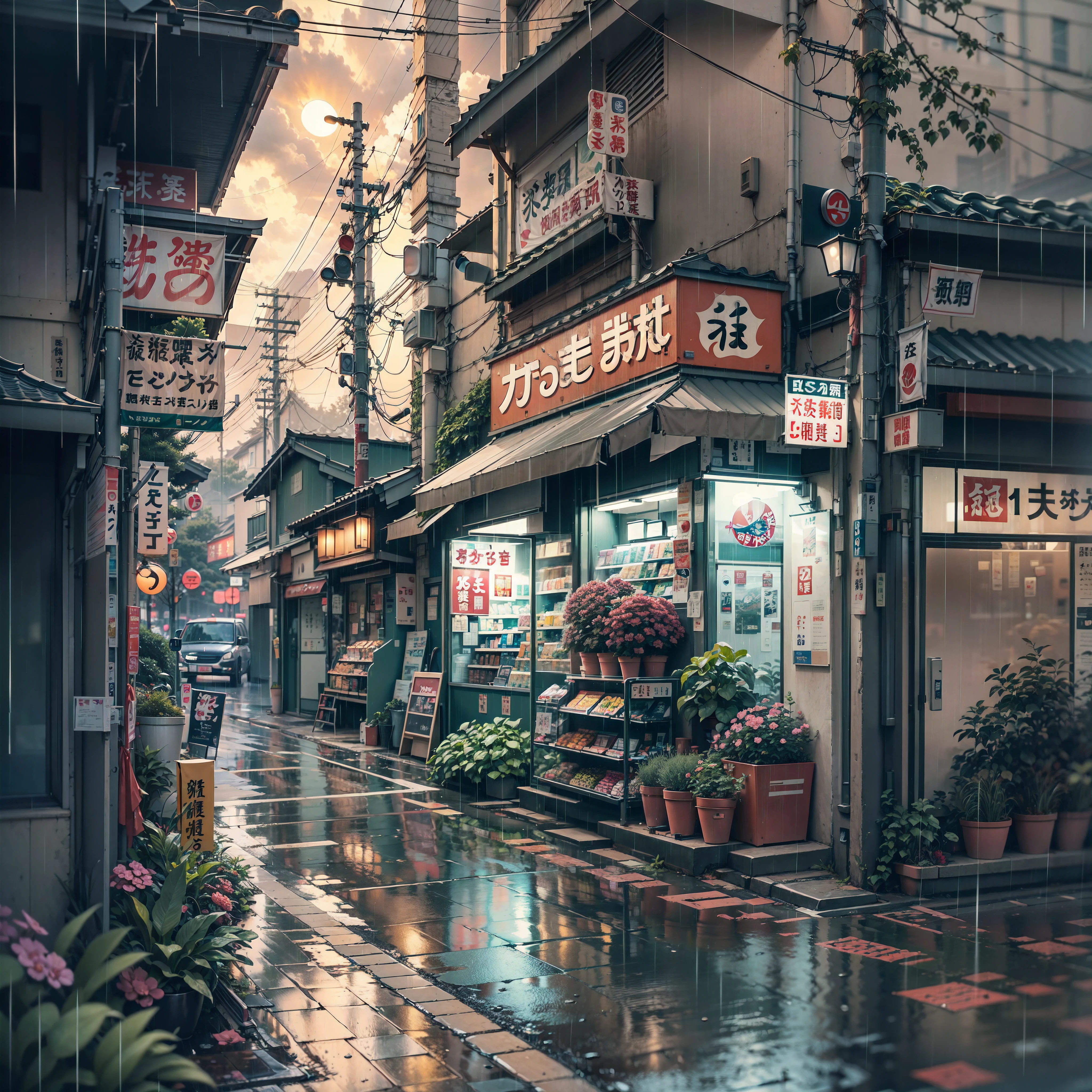 anime background, anime wallpaper, anime, anime style, lofi, lofi style, modern japanese street, modern japanese architecture, japanese convenience store, big retro japanese shop signs, retro japanese store, trees, plants, rocks, plant pots, shop signs, japanese banners, japanese signs, flags, sunrise, rain, raining, heavy rain, dramatic weather, puddles on the floor, rain falling from the sky, rain drops, empty street, no one in sight, (no one: 1), best quality, rural tokyo