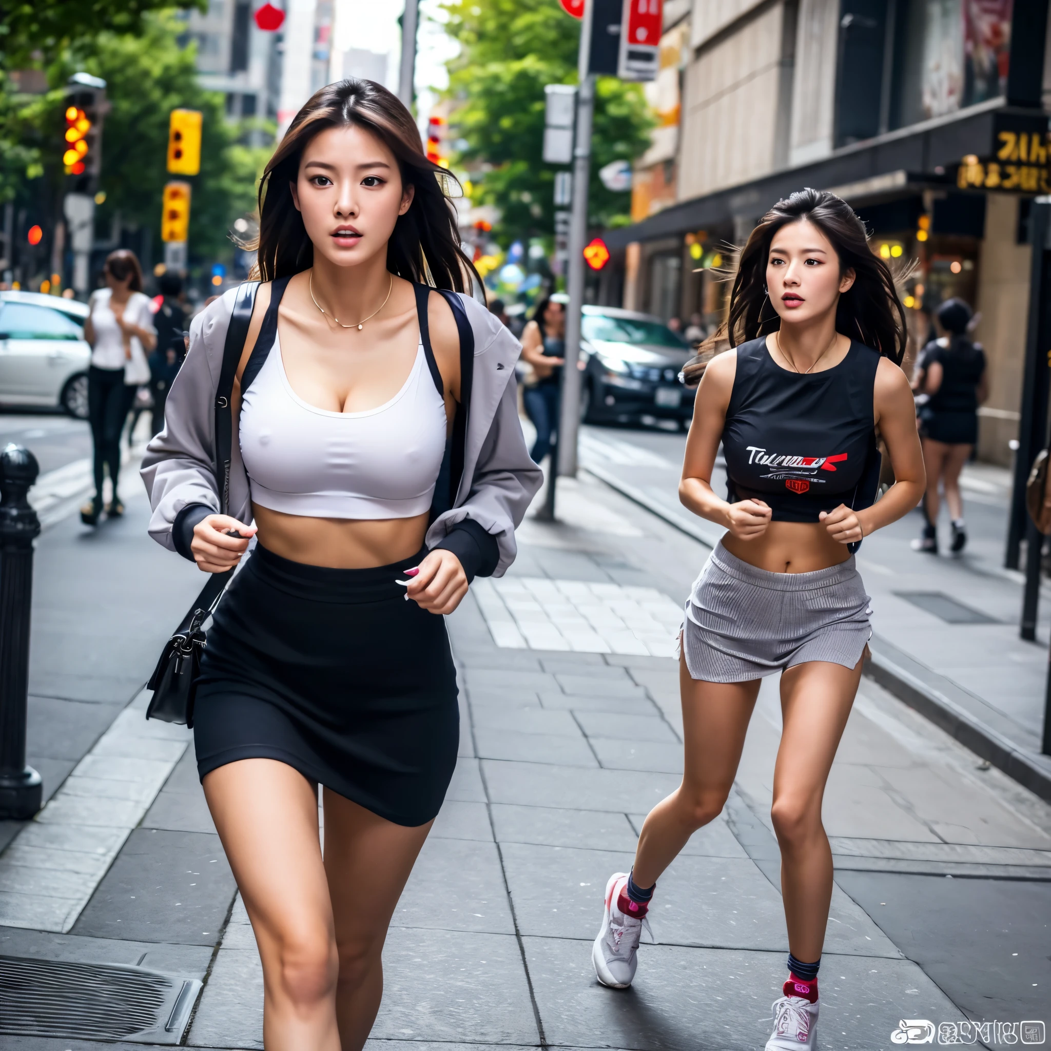 tmasterpiece,Best quality at best,,Realisticstyle，A girl who runs,Colossal tits:1.6,Have on the street