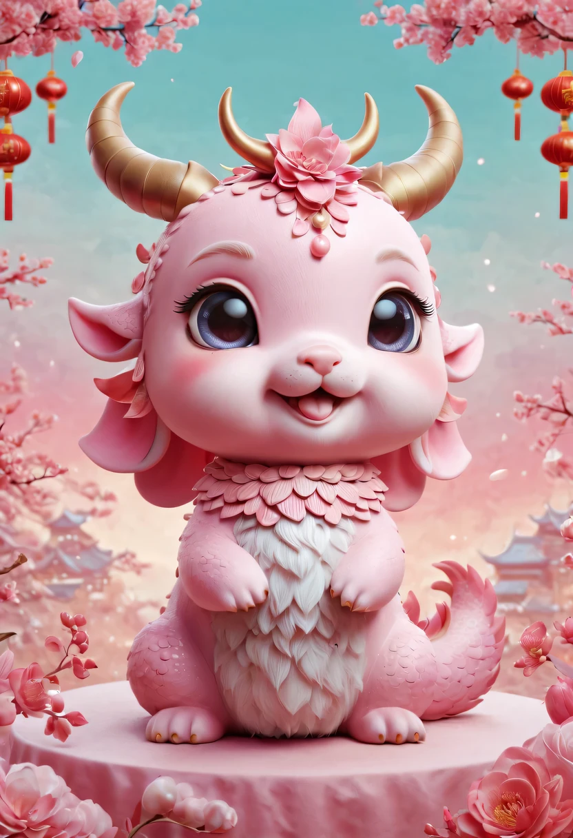 Q version,Cute little dragon,Chinese style,pink space,festive atmosphere,Spring Festival,Lovely antlers,Chinese elements,cartoon,cute pet,Lively