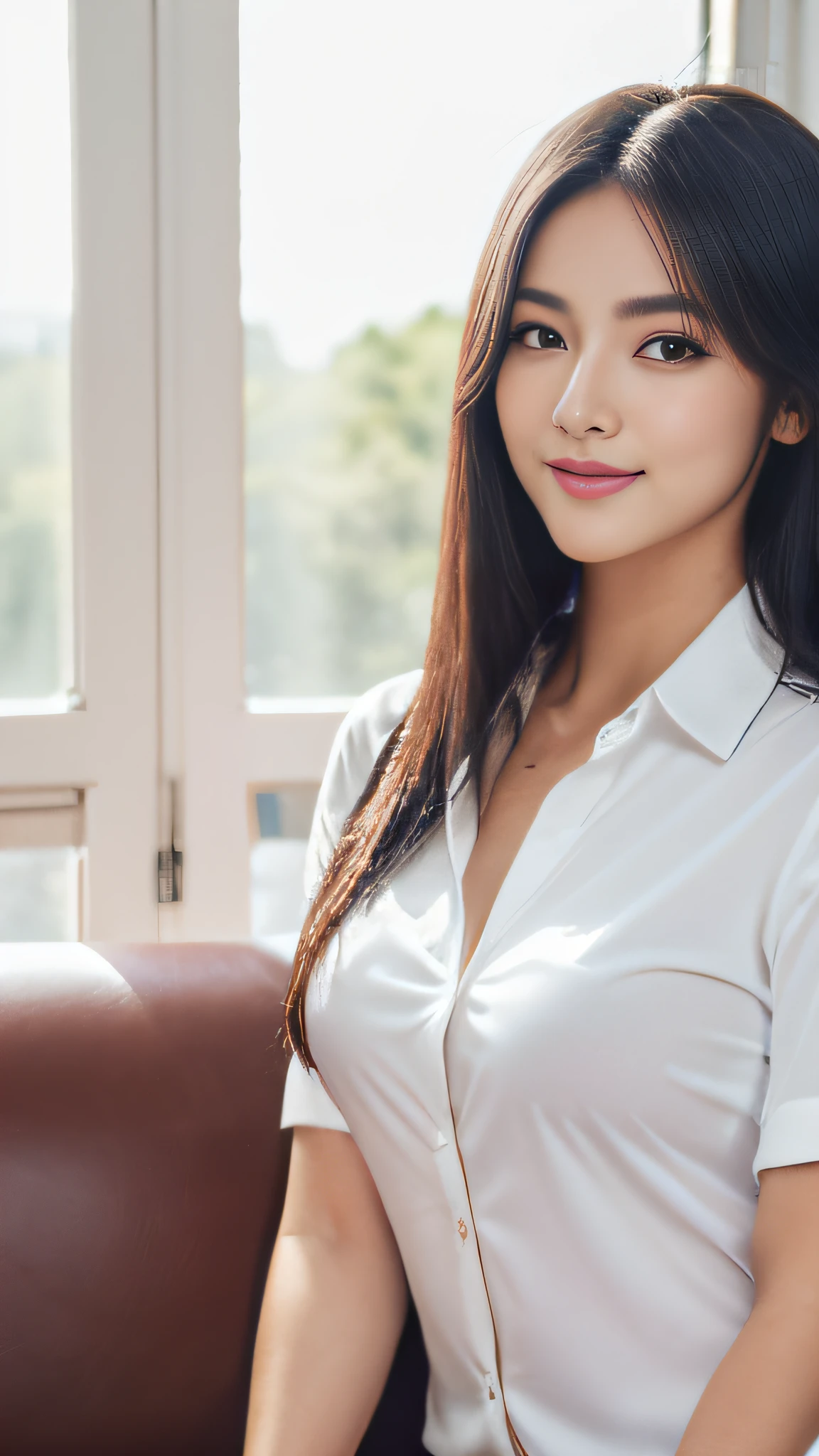 (best qualtiy,8K,tmasterpiece:1.3),(sharp fokus:1.2),Jet-black hair,ssmile,(A girl sits on a sofa:1.2),(perfect body figure:1.4),(The shirt:1.2),office room,rays of sunshine,Fine face,beautidful eyes,Straight legs