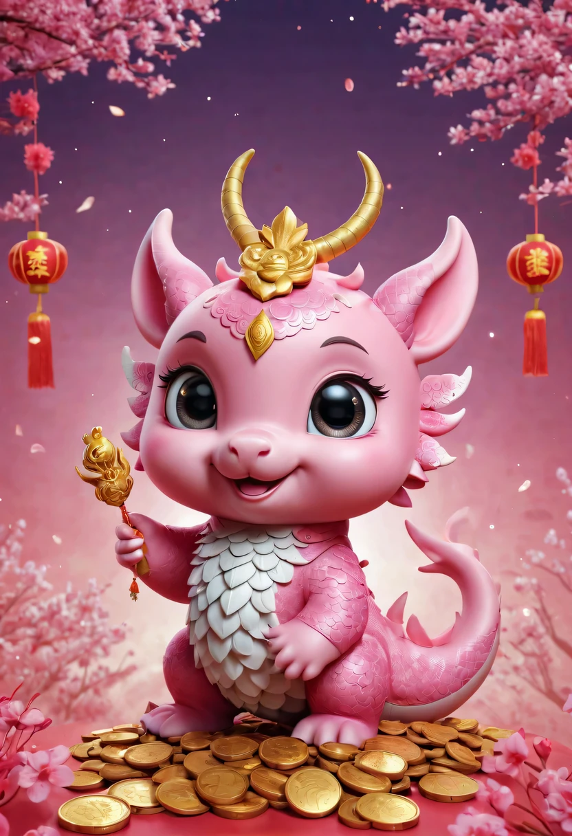 Q version,Cute little dragon,Chinese style,pink space,festive atmosphere,Spring Festival,gold coins,Chinese elements,cartoon,cute pet,Lively,fireworks,Lovely antlers,Chinese dragon