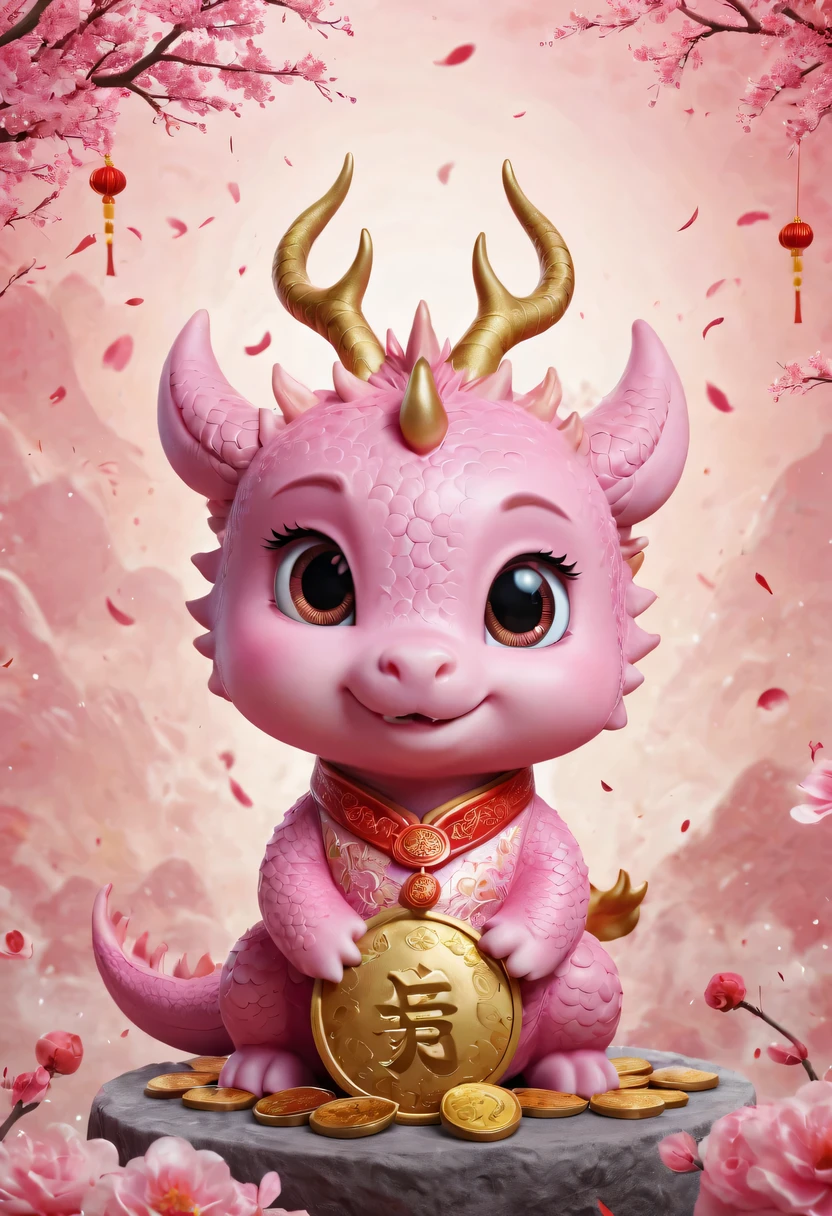 Q version，Cute little dragon，Chinese style，pink space，festive atmosphere，Spring Festival，gold coins，Chinese elements，cartoon，cute pet，Lively，fireworks，Lovely antlers，Chinese dragon