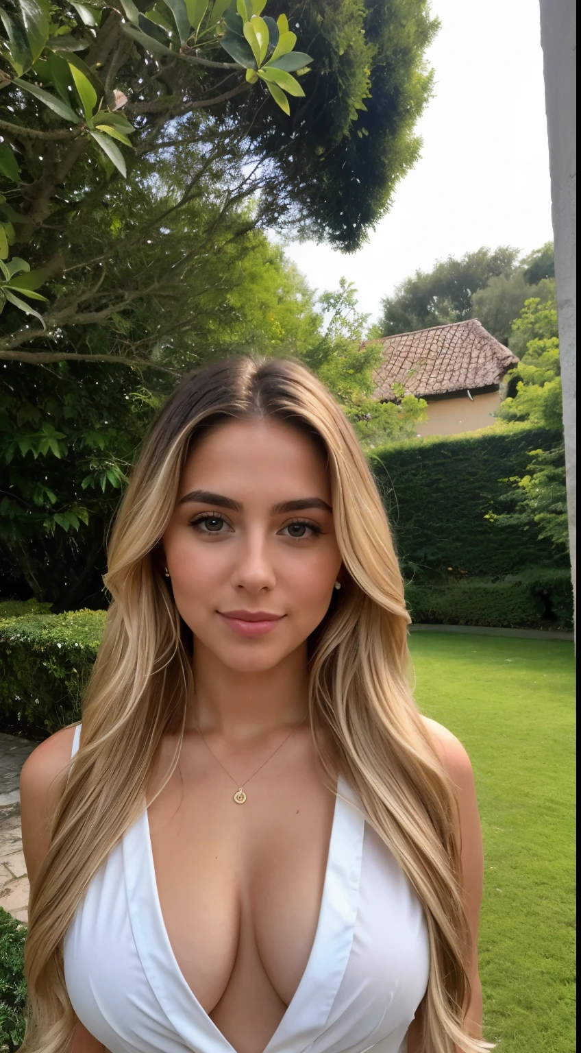 A 23-year-old blonde woman, ((pechos grandes)), ((hiperrealismo)) ,. blonde hair with light brown roots. cabello rubio, Hair with brown roots, cabello extra largo, cabello muy largo, really long hair, Beautiful, Front view, selfie, photo taken with iPhone, elegant black shirt with escote, escotada, selfie in the garden, high quality, selfie iPhone, cleavage