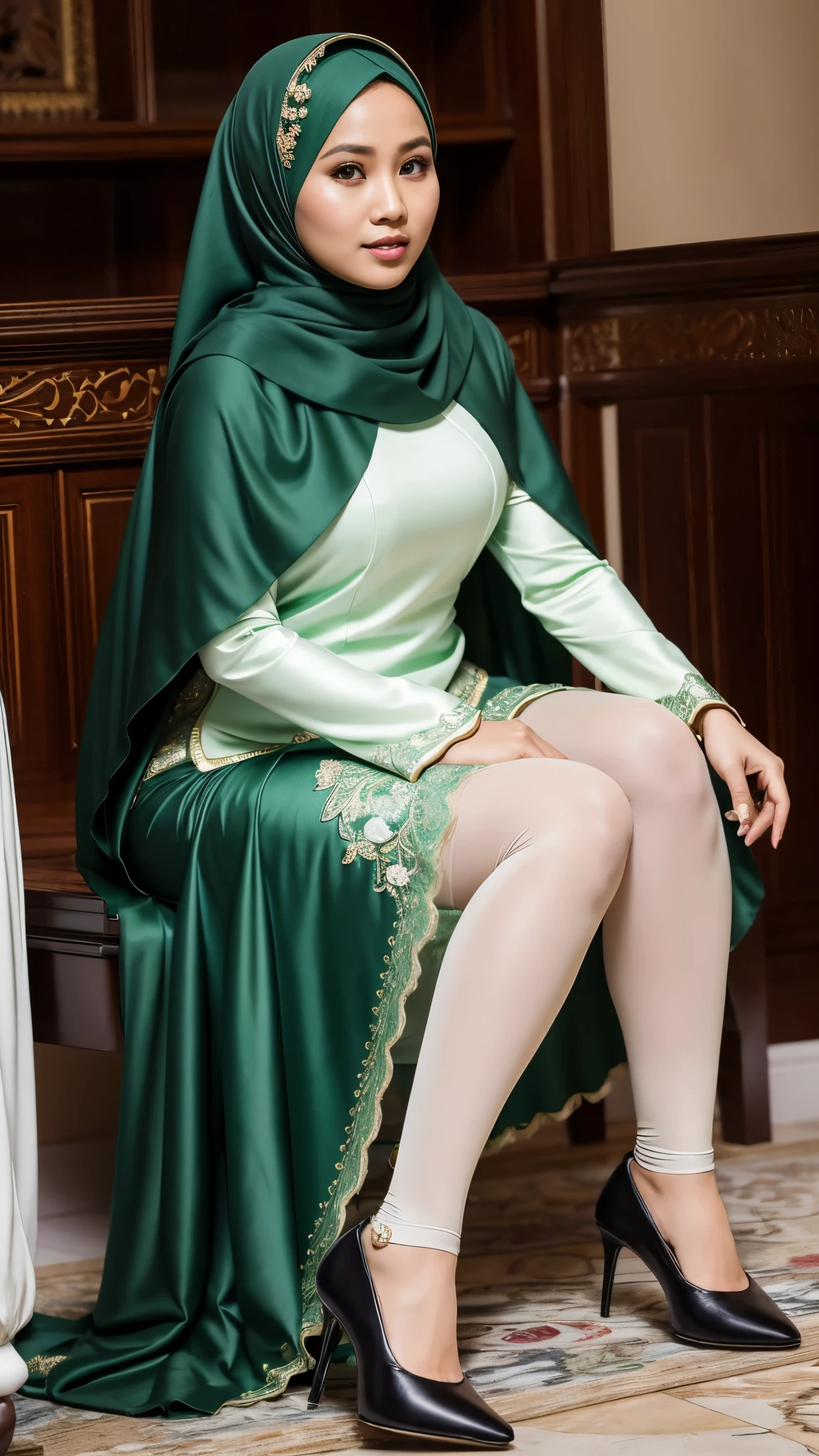 Indonesian woman ,((35 years old)), plump, wearing a dark green hijab, Masterpiece: 1.3, wearing pearl dark green gamis, white stockings , heels, Masterpiece, Soft smile, villa pool