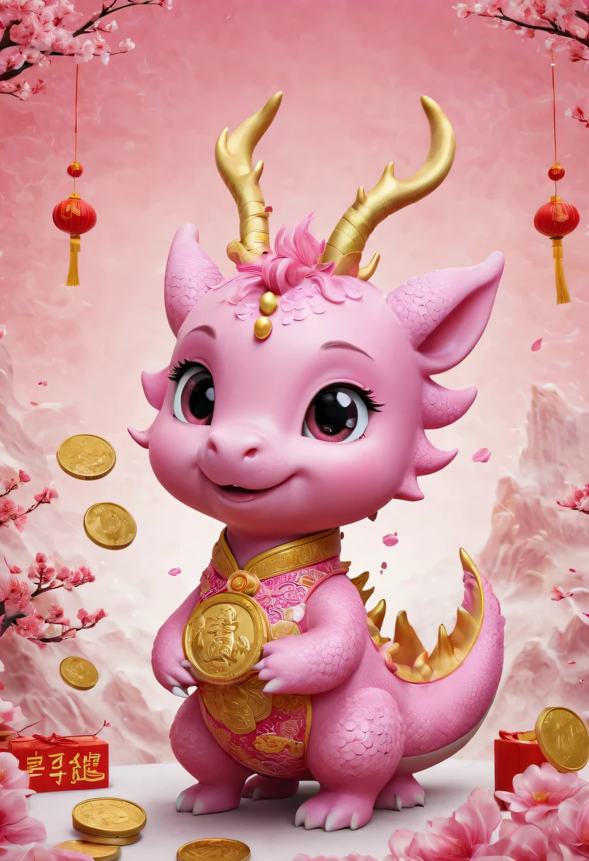 Q version，Cute little dragon，Chinese style，pink space，festive atmosphere，Spring Festival，gold coins，Chinese elements，cartoon，cute pet，Lively，fireworks，Lovely antlers，Chinese dragon