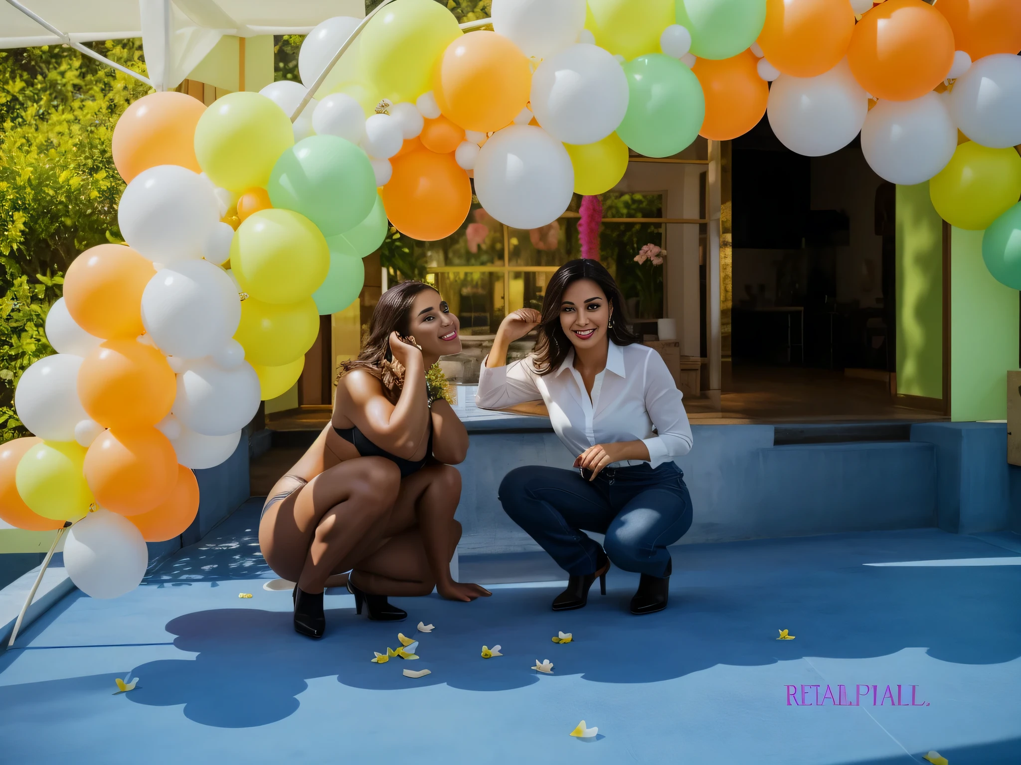 Mulher agachada ao lado de um javali de isopor, beneath a balloon arch like a clay character. Mulher com pele branca bronzeada e cabelos escuros. ela tem cerca de 35 anos. Your slightly plump lips are like a delicate flower, seus olhos castanhos escuros. Corpo fino. cintura fina. Your body exudes glamor and your face is the definition of beauty. Altamente realista, Lindo, soft lips, batom cor de rosa, sorriso, feeling of lightness and joy, hiperrealismo, pele muito elaborada. foto de corpo inteiro, Limpar foto, alta qualidade, high resolution, obra de arte, 8k.