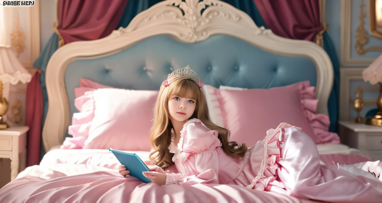 ,highest quality, masterpiece, highest resolution, artwork, super それにget used to it, many get used to it, get used to it, それにget used to it, 3K realistic photos,,(( When I was )),Super detailed baby face,She is a princess,Full length ball gown dress with hoop skirt,ruffle yoke collar,puff sleeves,long sleeve,((Lolita style pink detailed princess satin dress、Comes with lots of frills and ribbons。)),colorful rococo fashion,shiny satin dress,Soft and smooth fabric,luxury,long blonde hair,blue eyes,white skin european,pajamas,((inside the palace)),,,(( When I was 10 years old)),Sd baby face,Full length ball gown dress with hoop skirt,long skirt,ruffle yoke collar,puff sleeves,腰まで伸びるlong blonde hair,blue eyes,white skin european,pajamas,((inside the palace bedroom)),ピンクのシルクサテンのluxuryなcanopy bedの上,canopy bed,Luxurious curtains on both sides of the bed,many frilly pillows on the bed,super detailed background,Detailed bed,romantic atmosphere,little princess is lying on the bed,Read picture books,both legs are hidden in the dress,the dress is spread across the bed,soft pink silk satin comforter,Beautiful girl illustration,detailed beautiful face detailed hair,detailed human eye ,detailed mouth, arm details,detailed hand,detailed picture book