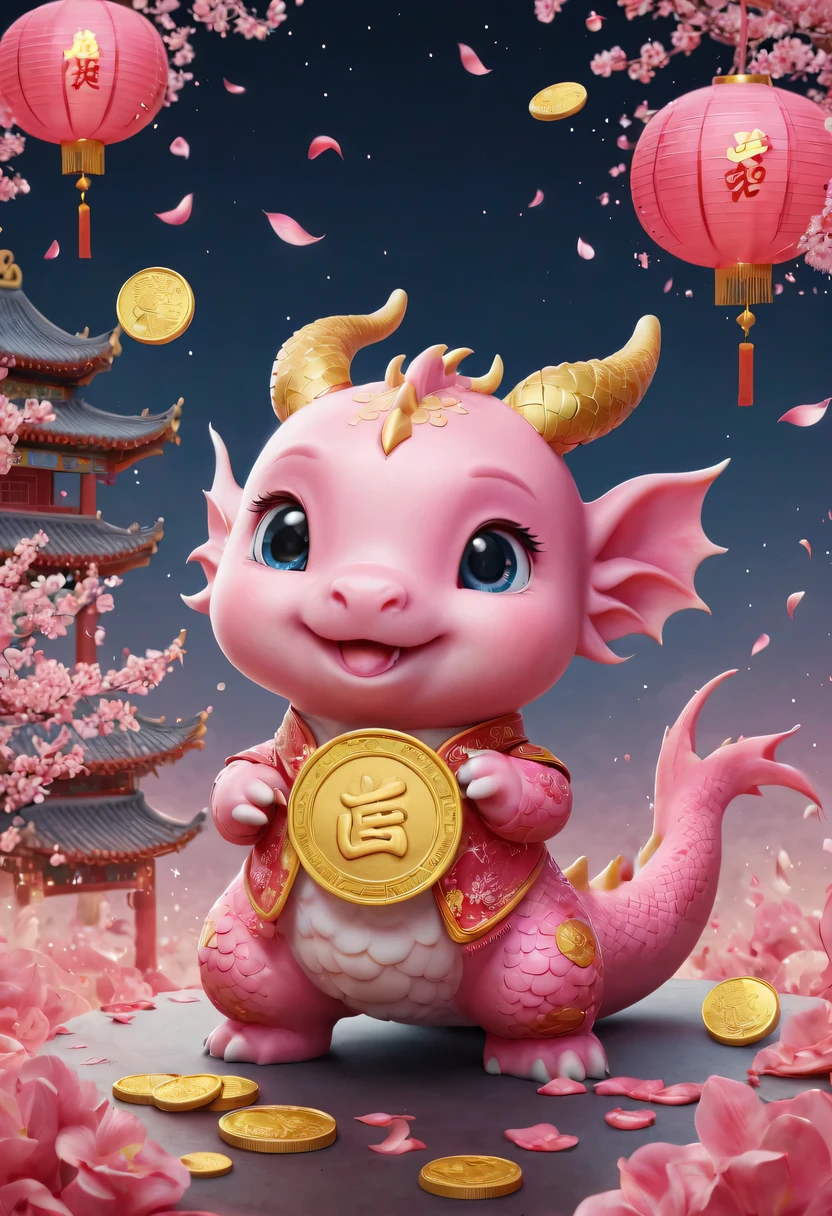 Q version,Cute little dragon,Chinese style,pink space,festive atmosphere,Spring Festival,gold coins,Chinese elements,cartoon,cute pet,Lively,fireworks