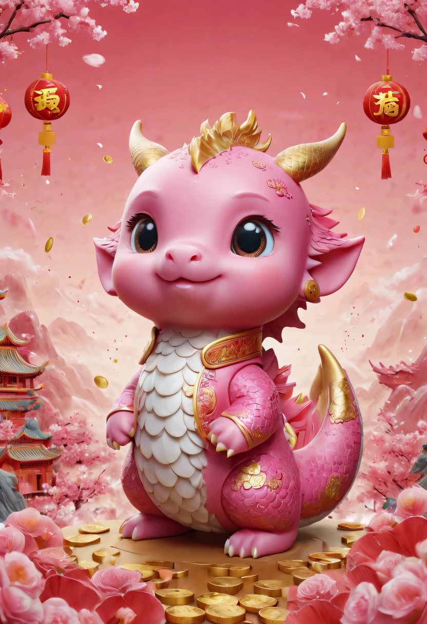 Q version，Cute little dragon，Chinese style，pink space，festive atmosphere，Spring Festival，gold coins，Chinese elements，cartoon，cute pet，Lively，fireworks