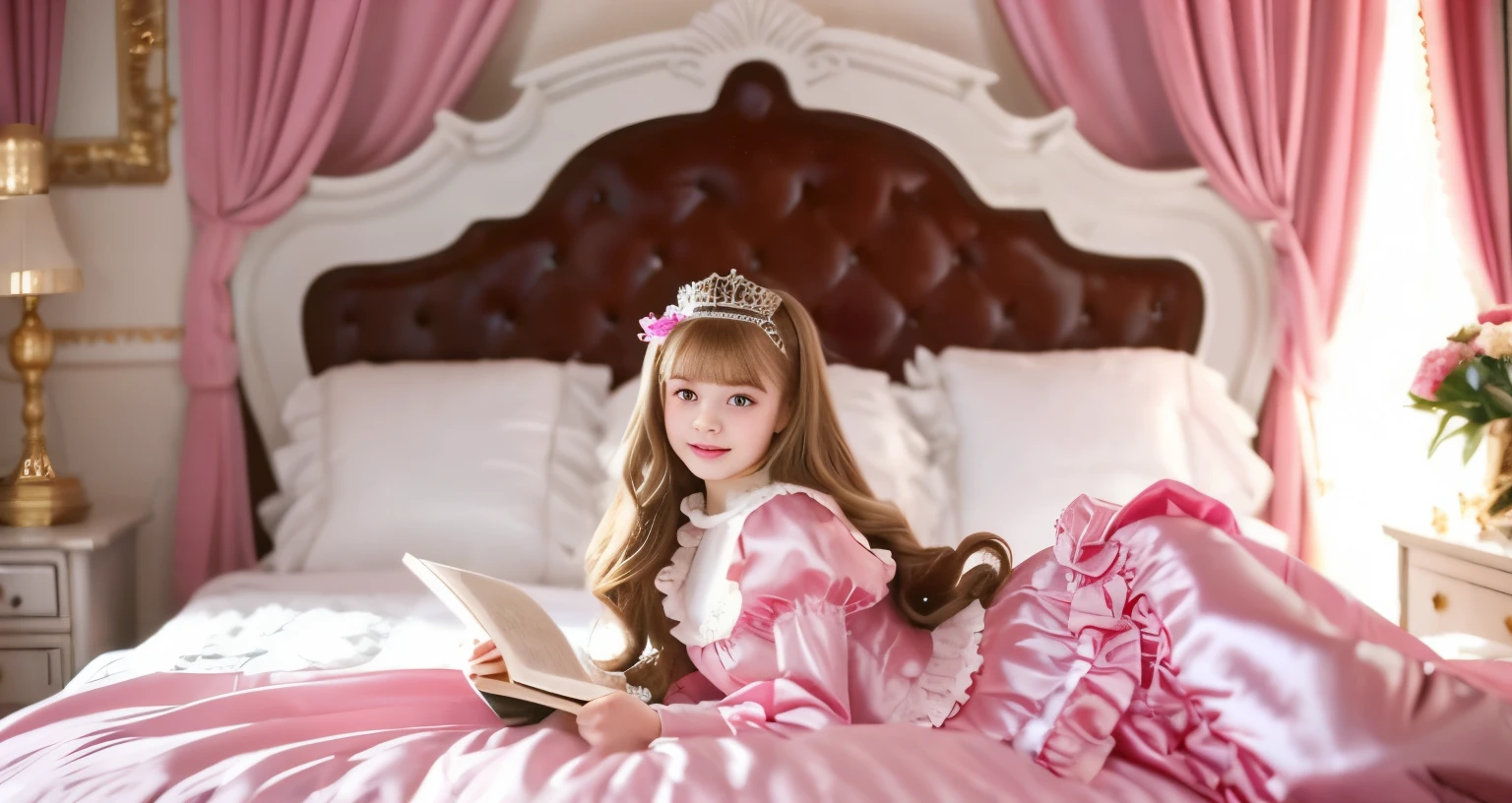 ,highest quality, masterpiece, highest resolution, artwork, super それにget used to it, many get used to it, get used to it, それにget used to it, 3K realistic photos,,(( When I was 10 years old)),Super detailed baby face,She is a princess,Full length ball gown dress with hoop skirt,ruffle yoke collar,puff sleeves,long sleeve,((Lolita style hot pink detailed princess satin dress、Comes with lots of frills and ribbons。)),colorful rococo fashion,shiny satin dress,Soft and smooth fabric,luxury,long blonde hair,blue eyes,white skin european,pajamas,((inside the palace)),,,(( When I was 10 years old)),Super detailed baby face,Full length ball gown dress with hoop skirt,long skirt,ruffle yoke collar,puff sleeves,腰まで伸びるlong blonde hair,blue eyes,white skin european,pajamas,((inside the palace bedroom)),ピンクのシルクサテンのluxuryなcanopy bedの上,canopy bed,Luxurious curtains on both sides of the bed,many frilly pillows on the bed,super detailed background,Detailed bed,romantic atmosphere,little princess is lying on the bed,Read picture books,both legs are hidden in the dress,the dress is spread across the bed,soft pink silk satin comforter,Beautiful girl illustration,detailed beautiful face detailed hair,detailed human eye ,detailed mouth, arm details,detailed hand,detailed picture book