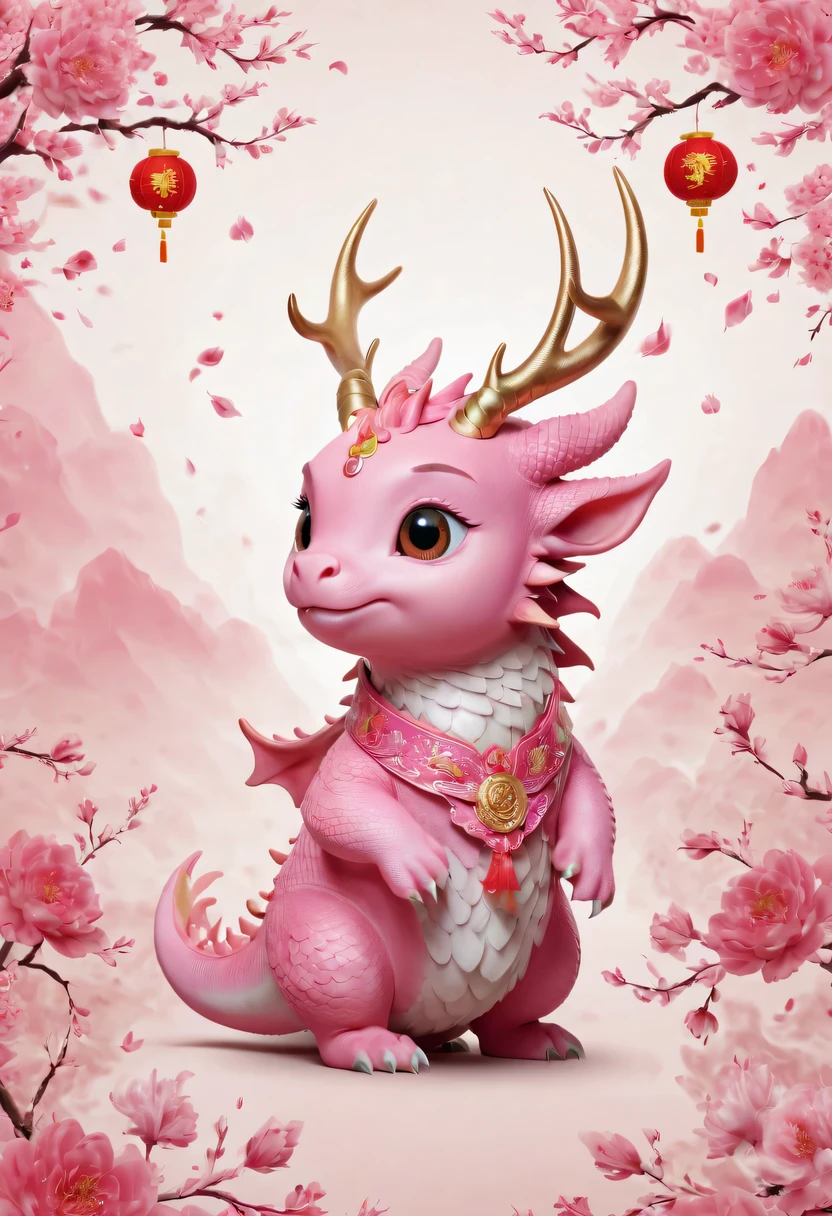 Q version,Cute little dragon,Chinese style,pink space,festive atmosphere,Spring Festival,Lovely antlers,Chinese elements,cartoon,cute pet,Lively