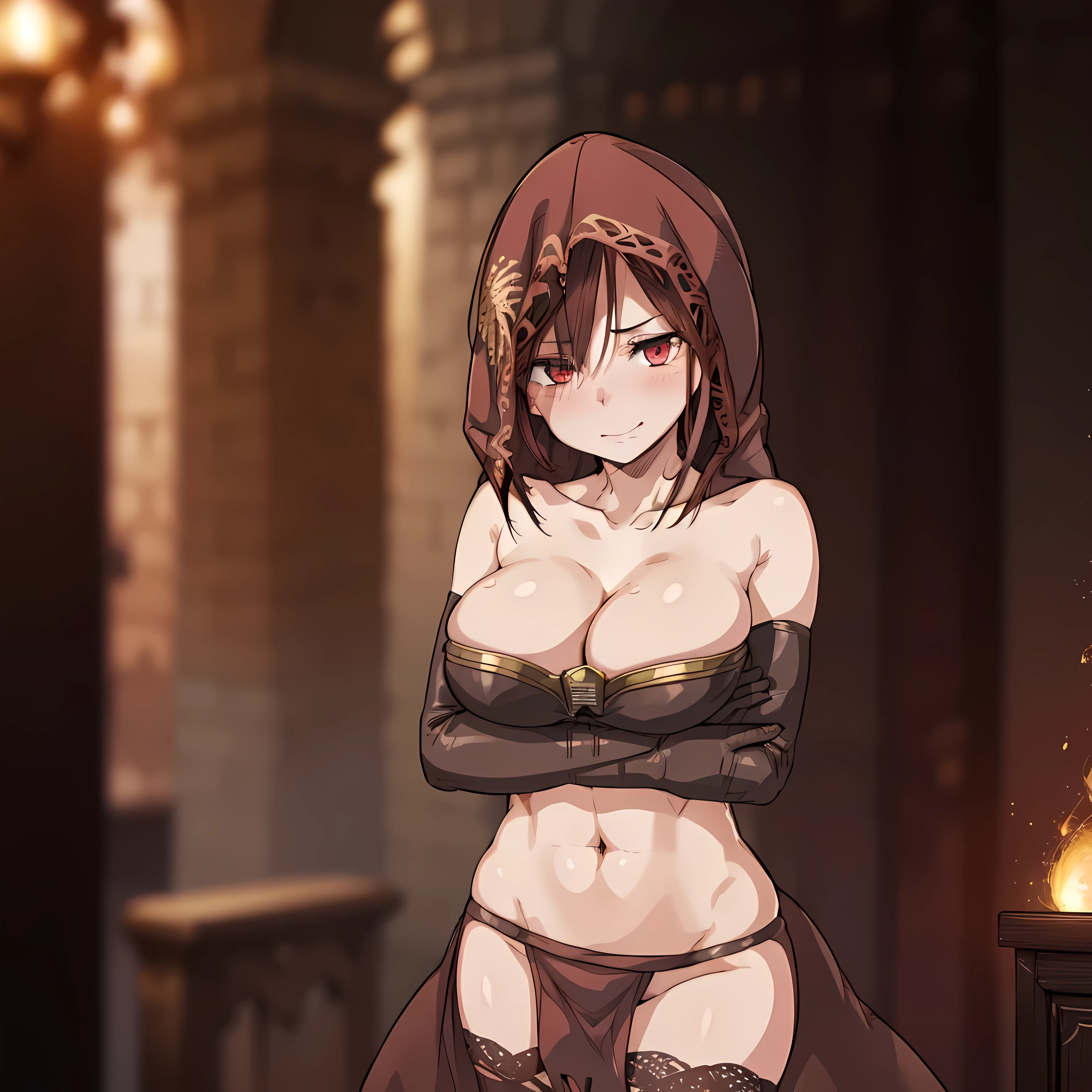 Desert_Sorceress_outfit, 1girl, solo, thighhighs, breasts, gloves, red_hair, glowing red_eyes, deep_eyes,  elbow_gloves, large_breasts, cleavage, navel, underwear, hood, shaded_face, eyes_in_shadow, fireball, magic, smirk, dominant female, femdom, dommy-mommy