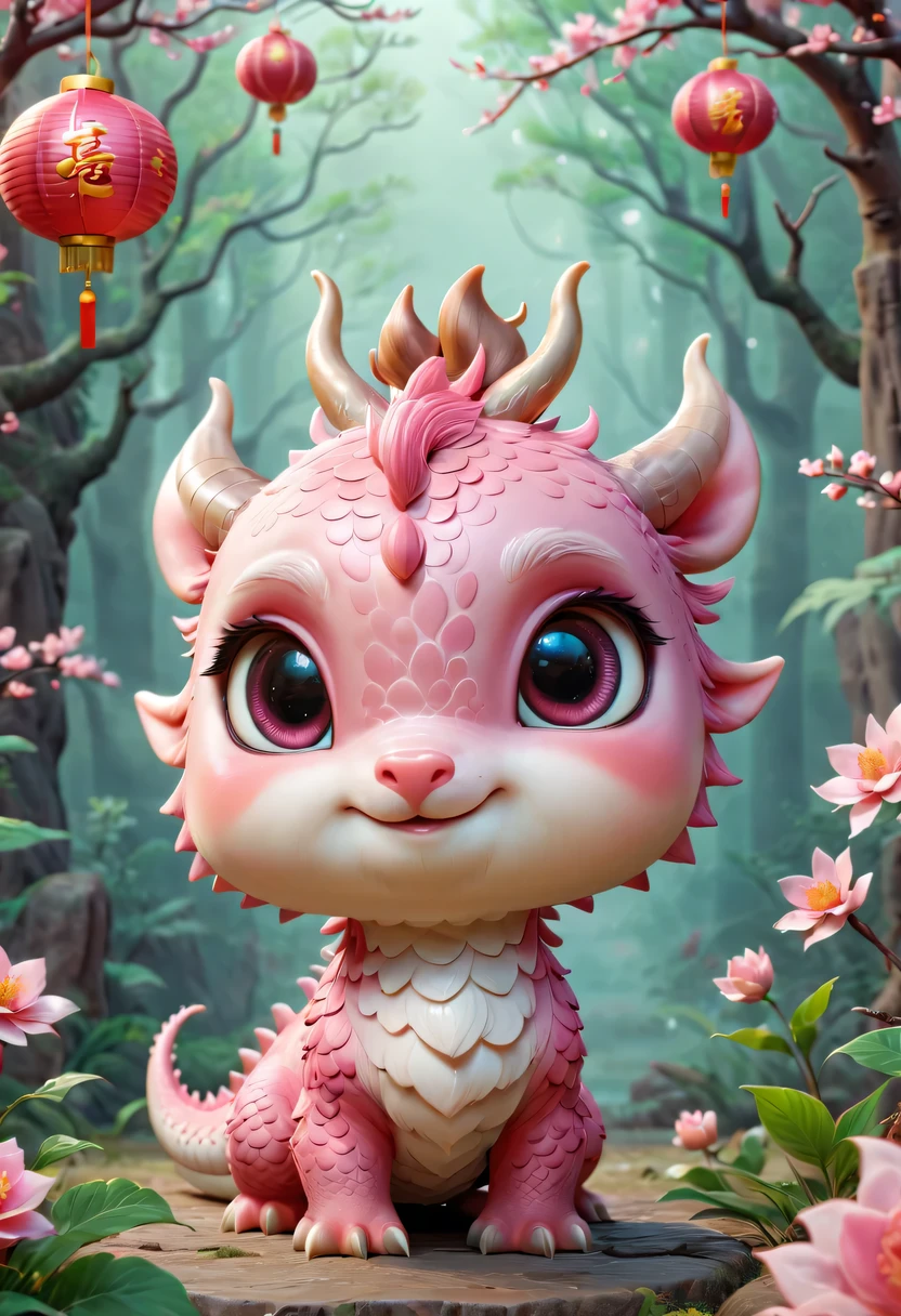 Q version，Cute little dragon，Chinese style，pink space，festive atmosphere，Spring Festival，Lovely antlers，Chinese elements，cartoon，cute pet，Lively