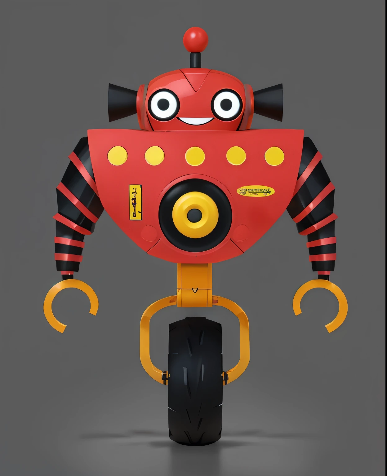 3d cartoon, there is a red happy robot smiling riding a motorcycle with a yellow wheel, inspired by Ivan Generalić, cute elaborate epic robot, tintoy characterdesign robot, robot punk futuriste geometrie, robot design, evil robot, beautiful robot character design, cute robot, anthropomorphic robot [ thing ], concept robot, round robot, colorful muscular robot, a robot