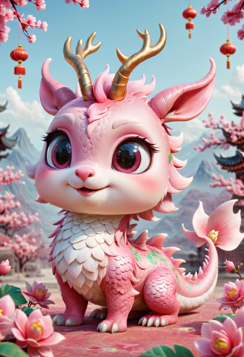 Q version,Cute little dragon,Chinese style,pink space,festive atmosphere,Spring Festival,Lovely antlers,Chinese elements,cartoon,cute pet,Lively