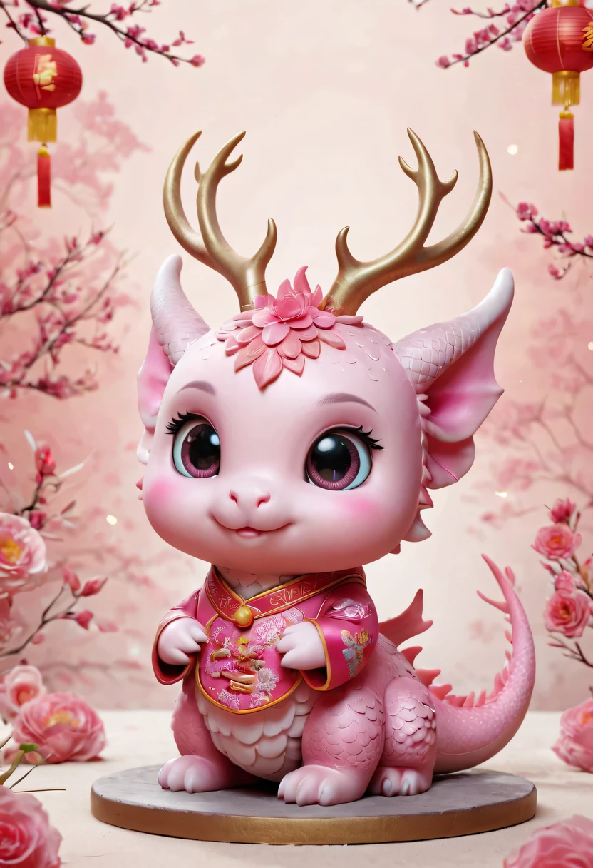 Q version,Cute little dragon,Chinese style,pink space,festive atmosphere,Spring Festival,Lovely antlers,Chinese elements,cartoon,cute pet,Lively