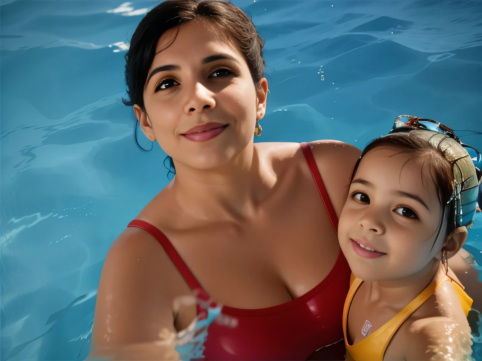 woman and in a pool with blue water, documentary yet, em uma piscina, 3 Brazilian mother of 5 years, mulher de 30 anos, brincando na piscina, 8k