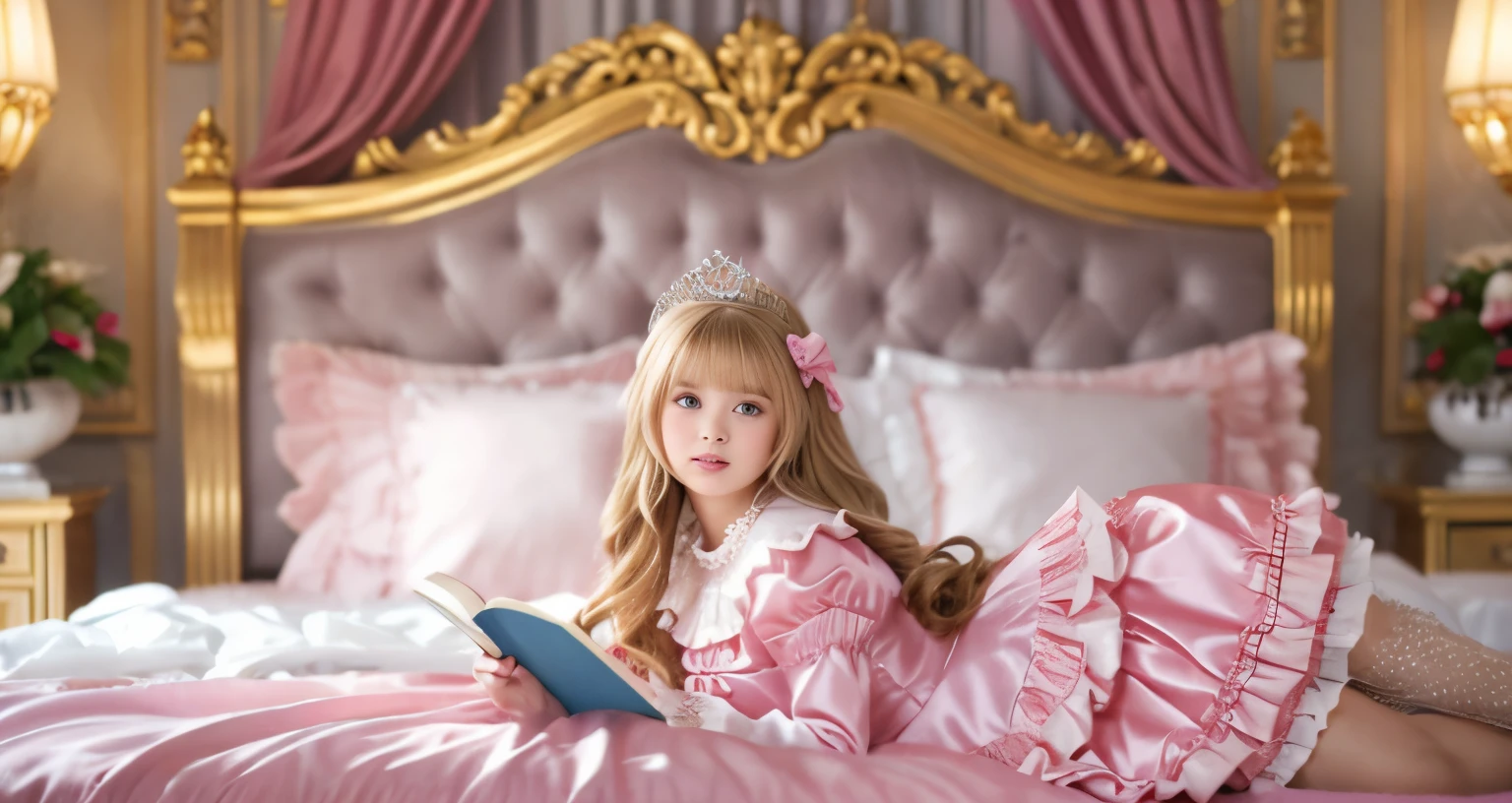 ,highest quality, masterpiece, highest resolution, artwork, super それにget used to it, many get used to it, get used to it, それにget used to it, 3K realistic photos,,(( When I was )),Super detailed baby face,She is a princess,Full length ball gown dress with hoop skirt,ruffle yoke collar,puff sleeves,long sleeve,((Lolita style pink detailed princess satin dress、Comes with lots of frills and ribbons。)),colorful rococo fashion,shiny satin dress,Soft and smooth fabric,luxury,long blonde hair,blue eyes,white skin european,pajamas,((inside the palace)),,,(( When I was 10 years old)),Sd baby face,Full length ball gown dress with hoop skirt,long skirt,ruffle yoke collar,puff sleeves,腰まで伸びるlong blonde hair,blue eyes,white skin european,pajamas,((inside the palace bedroom)),ピンクのシルクサテンのluxuryなcanopy bedの上,canopy bed,Luxurious curtains on both sides of the bed,many frilly pillows on the bed,super detailed background,Detailed bed,romantic atmosphere,little princess is lying on the bed,Read picture books,both legs are hidden in the dress,the dress is spread across the bed,soft pink silk satin comforter,Beautiful girl illustration,detailed beautiful face detailed hair,detailed human eye ,detailed mouth, arm details,detailed hand,detailed picture book