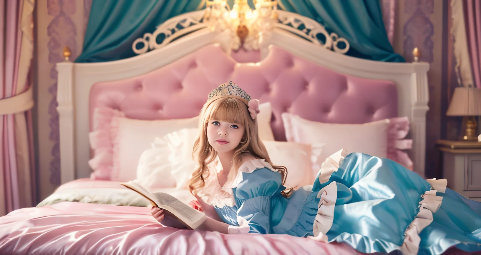 ,highest quality, masterpiece, highest resolution, artwork, super それにget used to it, many get used to it, get used to it, それにget used to it, 3K realistic photos,,(( When I was )),Super detailed baby face,She is a princess,Full length ball gown dress with hoop skirt,ruffle yoke collar,puff sleeves,long sleeve,((Lolita style pink detailed princess satin dress、Comes with lots of frills and ribbons。)),colorful rococo fashion,shiny satin dress,Soft and smooth fabric,luxury,long blonde hair,blue eyes,white skin european,pajamas,((inside the palace)),,,(( When I was 10 years old)),Sd baby face,Full length ball gown dress with hoop skirt,long skirt,ruffle yoke collar,puff sleeves,腰まで伸びるlong blonde hair,blue eyes,white skin european,pajamas,((inside the palace bedroom)),ピンクのシルクサテンのluxuryなcanopy bedの上,canopy bed,Luxurious curtains on both sides of the bed,many frilly pillows on the bed,super detailed background,Detailed bed,romantic atmosphere,little princess is lying on the bed,Read picture books,both legs are hidden in the dress,the dress is spread across the bed,soft pink silk satin comforter,Beautiful girl illustration,detailed beautiful face detailed hair,detailed human eye ,detailed mouth, arm details,detailed hand,detailed picture book