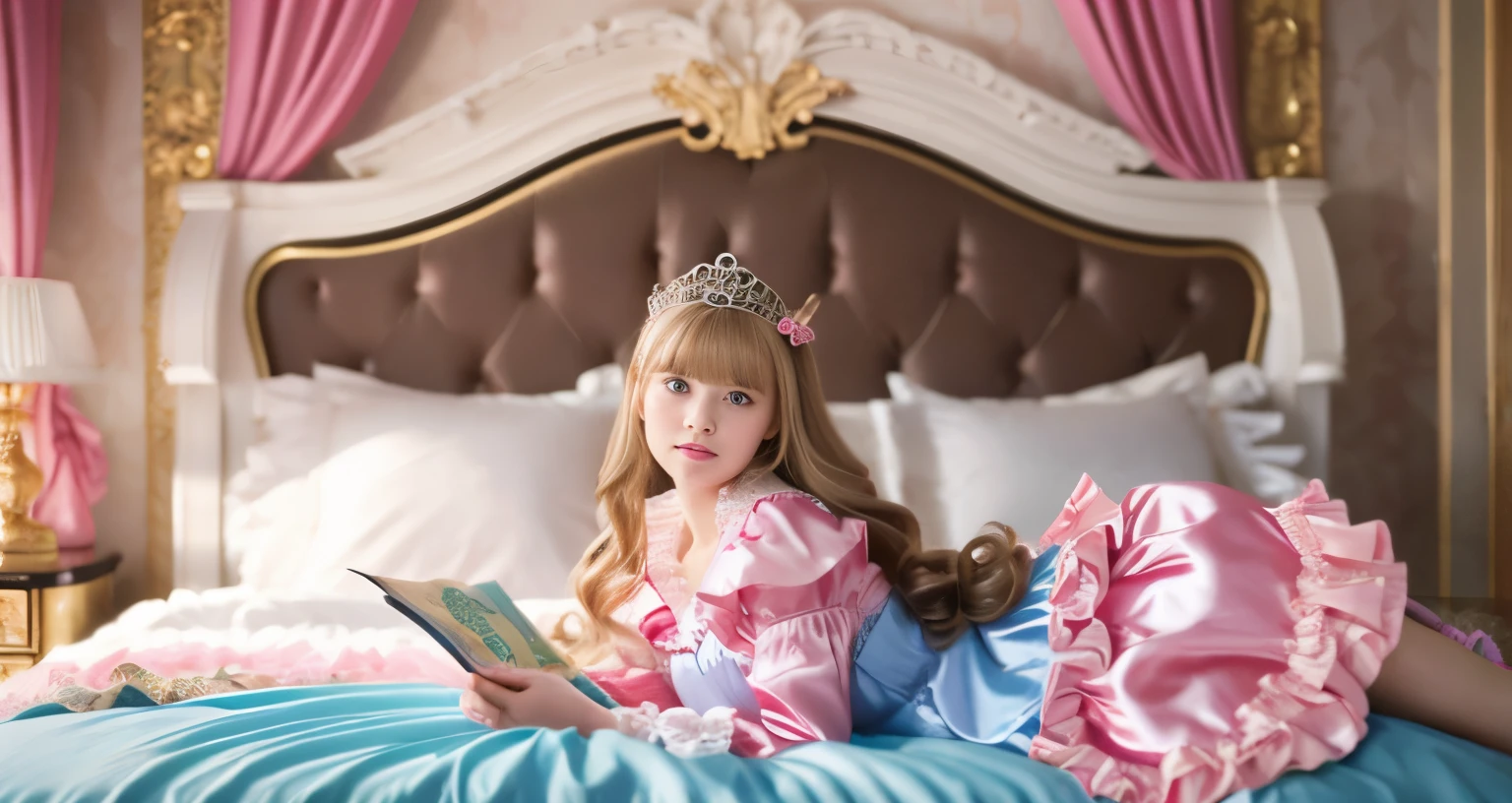 ,highest quality, masterpiece, highest resolution, artwork, super それにget used to it, many get used to it, get used to it, それにget used to it, 3K realistic photos,,(( When I was 10 years old)),Super detailed baby face,She is a princess,Full length ball gown dress with hoop skirt,ruffle yoke collar,puff sleeves,long sleeve,((Lolita style hot pink detailed princess satin dress、Comes with lots of frills and ribbons。)),colorful rococo fashion,shiny satin dress,Soft and smooth fabric,luxury,long blonde hair,blue eyes,white skin european,pajamas,((inside the palace)),,,(( When I was 10 years old)),Super detailed baby face,Full length ball gown dress with hoop skirt,long skirt,ruffle yoke collar,puff sleeves,腰まで伸びるlong blonde hair,blue eyes,white skin european,pajamas,((inside the palace bedroom)),ピンクのシルクサテンのluxuryなcanopy bedの上,canopy bed,Luxurious curtains on both sides of the bed,many frilly pillows on the bed,super detailed background,Detailed bed,romantic atmosphere,little princess is lying on the bed,Read picture books,both legs are hidden in the dress,the dress is spread across the bed,soft pink silk satin comforter,Beautiful girl illustration,detailed beautiful face detailed hair,detailed human eye ,detailed mouth, arm details,detailed hand,detailed picture book