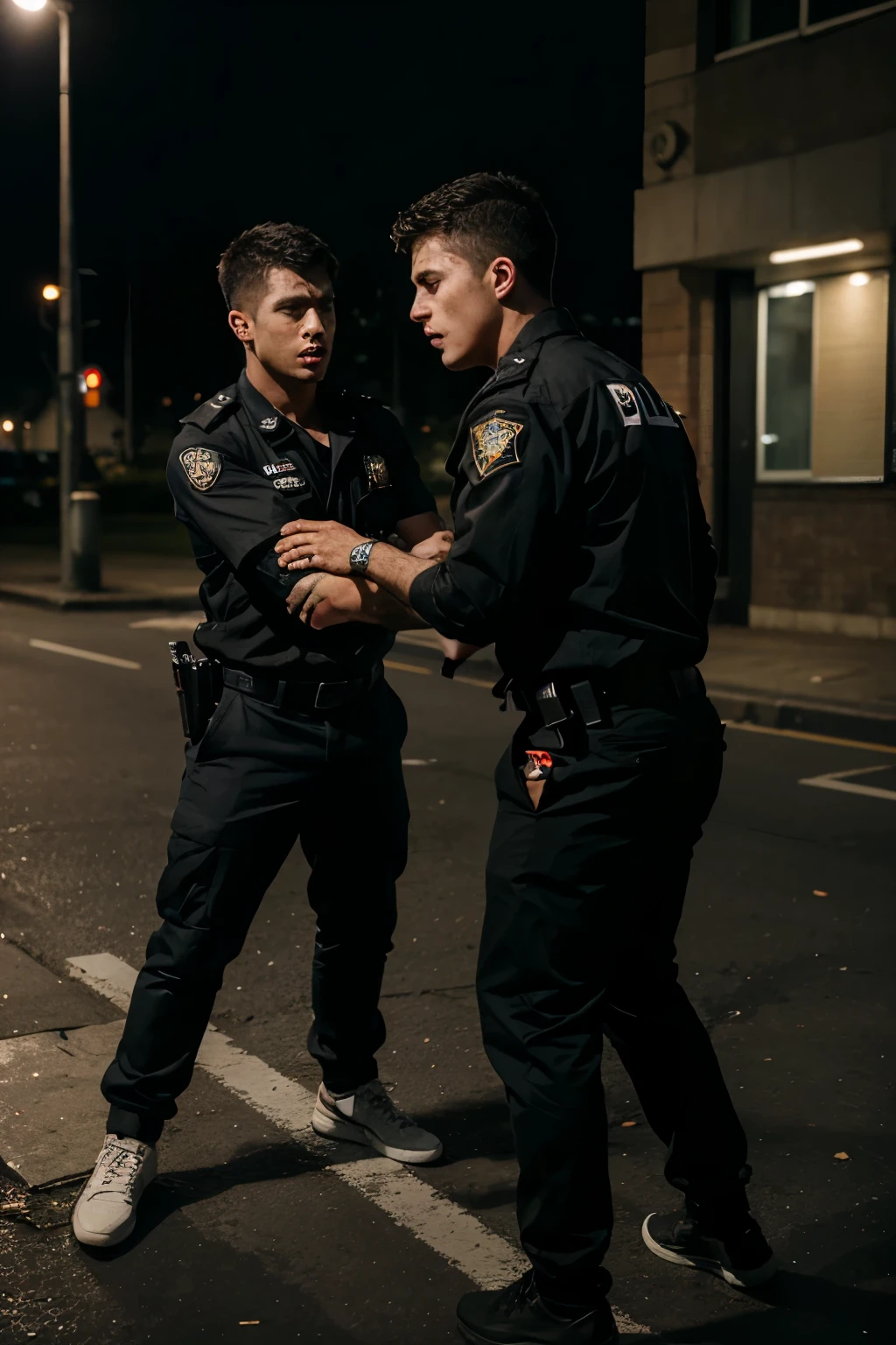 Policemen arrest a man, rear view