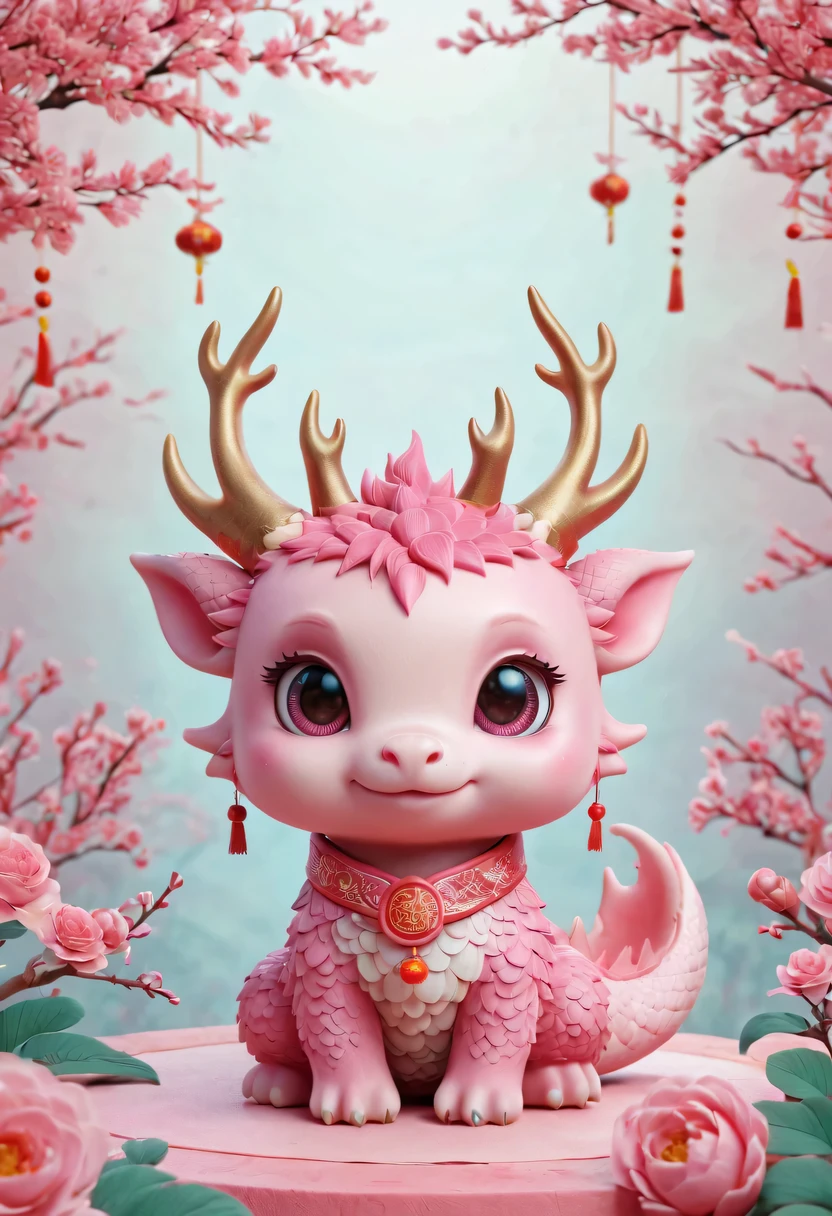 Q version，Cute little dragon，Chinese style，pink space，festive atmosphere，Spring Festival，Lovely antlers，Chinese elements，cartoon，cute pet，Lively