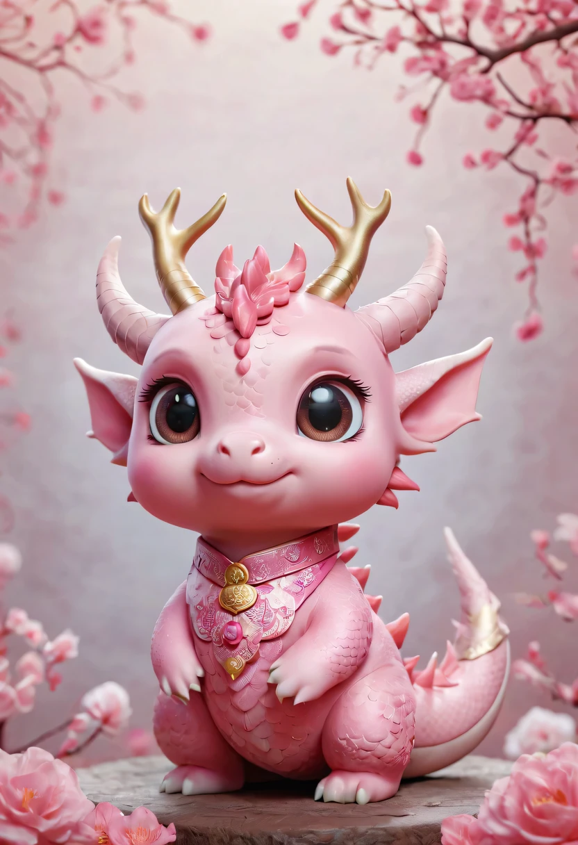 Q version，Cute little dragon，Chinese style，pink space，festive atmosphere，Spring Festival，Lovely antlers，Chinese elements，cartoon，cute pet，Lively
