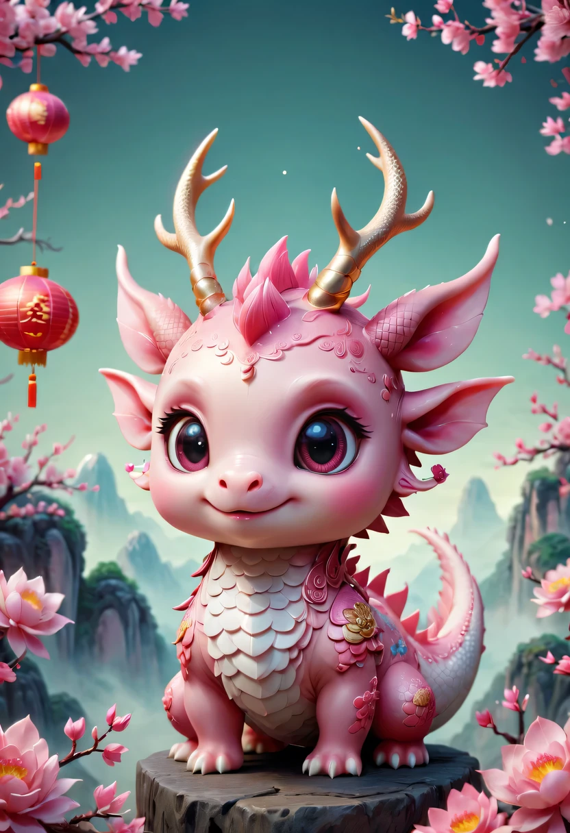 Q version，Cute little dragon，Chinese style，pink space，festive atmosphere，Spring Festival，Lovely antlers，Chinese elements，cartoon，cute pet，Lively