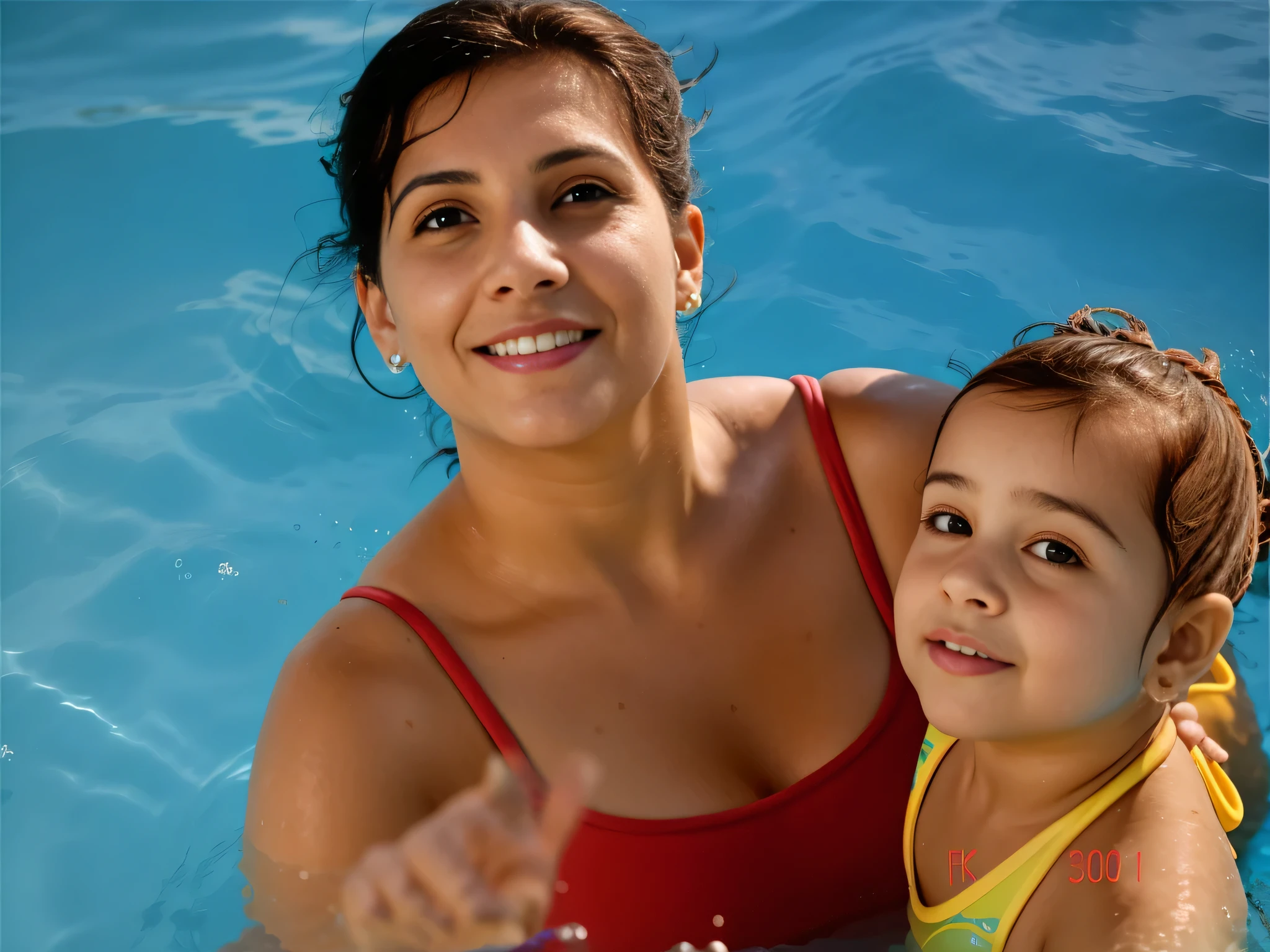 woman and in a pool with blue water, documentary yet, em uma piscina, 3 Brazilian mother of 5 years, mulher de 30 anos, brincando na piscina, 8k