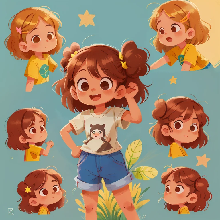 sozinho, cabelo castanho e cacheado, 1girl, olhos marrom aveludado, Foco feminino, camisa com desenho de estrelas, fundo simples, sorrir, female , 6 anos, mid hair, sorridente, various poses and with various expressions