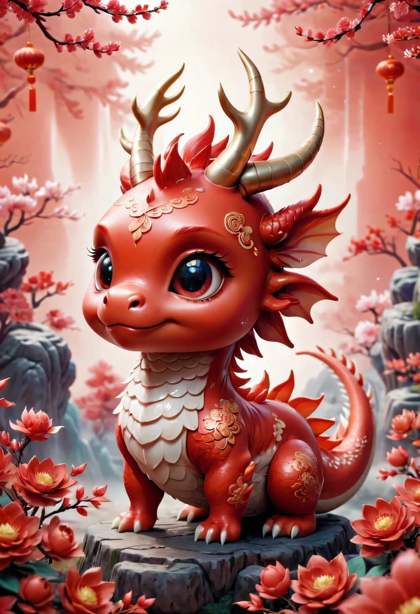 Q version，Cute little dragon，Chinese style，Red space，festive atmosphere，Spring Festival，Lovely antlers，Chinese elements，cartoon，cute pet，Lively