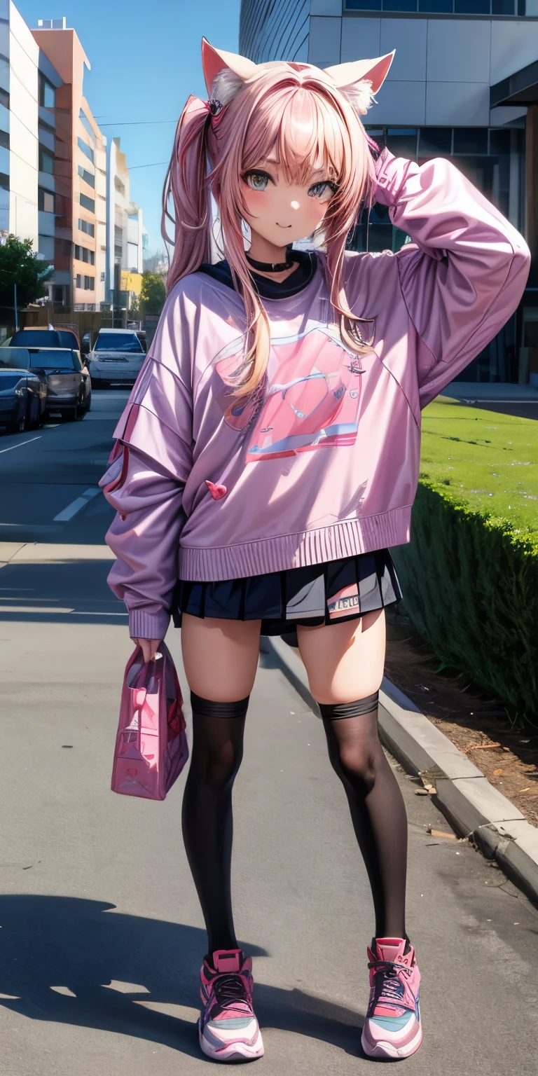 Cute anime girl with cat ears in modern suburban setting in cartoon style, playful face, wearing streetwear clothes