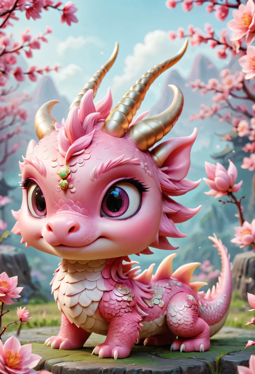 Chinese dragon，Q version，Cute little dragon，pink space，festive atmosphere，Spring Festival，Lovely antlers，Chinese elements，cartoon，cute pet，Lively