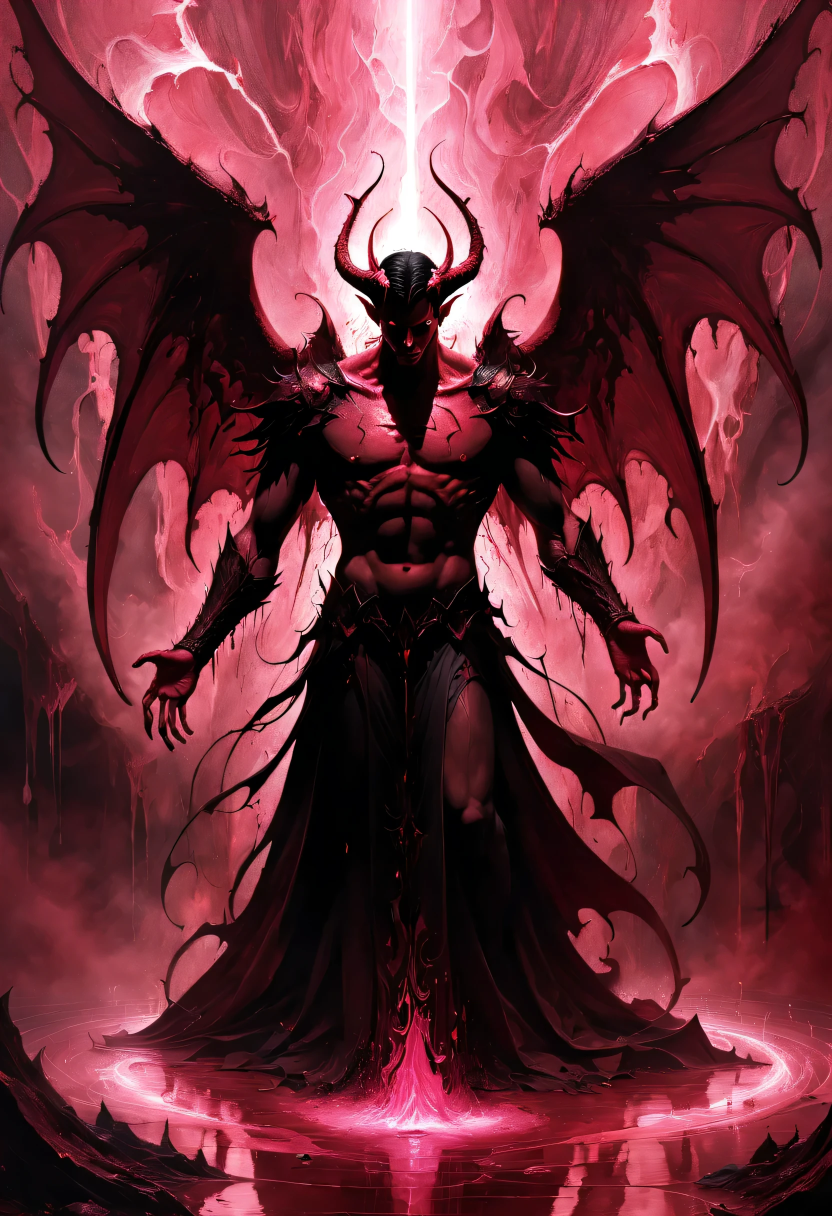 In the shattered depths of the Abstract & Conceptual realm of despair, Lucifer emerges from a shimmering pool of brimstone tears, the shadows of torment surrounding him, his form an ethereal painting of deep reds, convening a palette of unending pain. His wings crushed by the weight of endless sorrow, the pink-tinged void BEHIND him a constant reminder of what lay beyond his grasp
