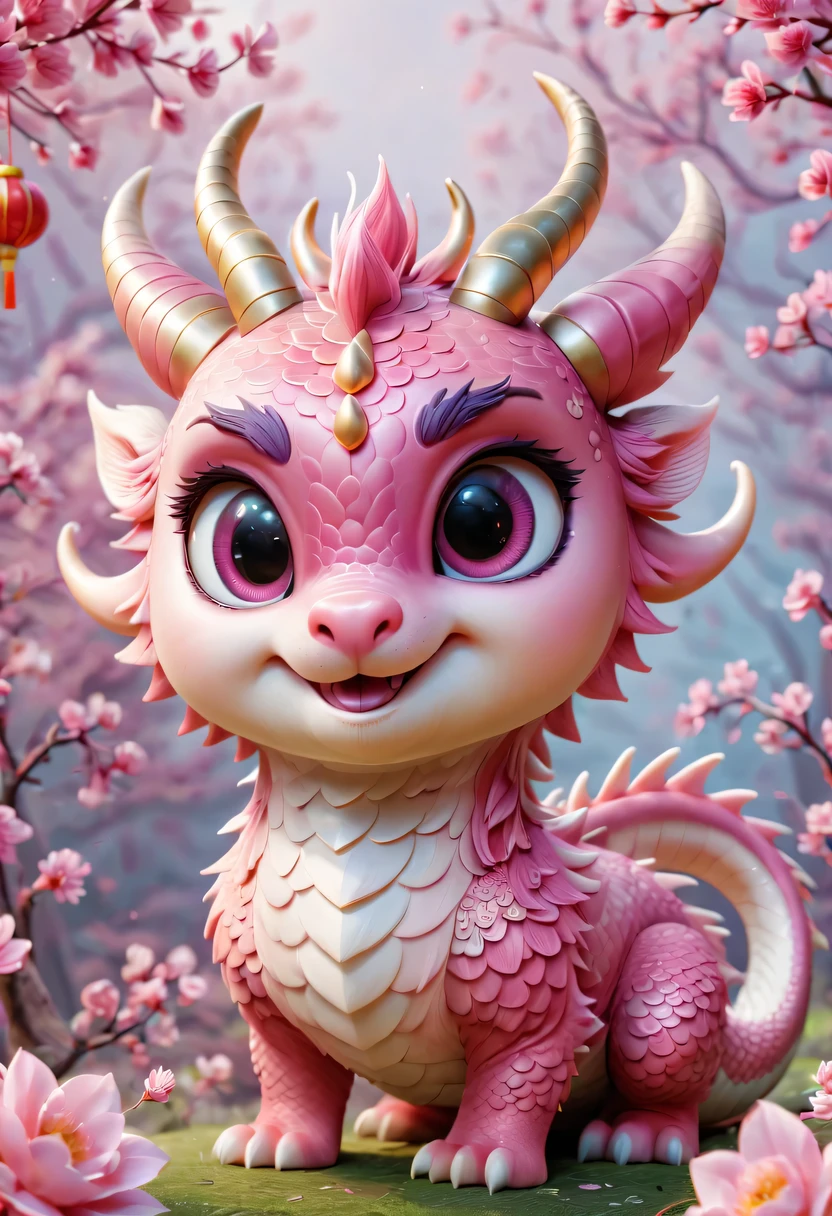 Chinese dragon，Q version，Cute little dragon，pink space，festive atmosphere，Spring Festival，Lovely antlers，Chinese elements，cartoon，cute pet，Lively