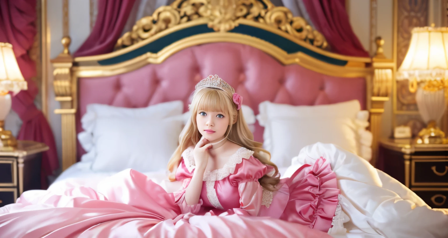 ,highest quality, masterpiece, highest resolution, artwork, super それにget used to it, many get used to it, get used to it, それにget used to it, 3K realistic photos,,(( When I )),Super detailed baby face,She isss,Full length ball gown dress with hoop skirt,ruffle yoke collar,puff sleeves,long sleeve,((Lolita style hot pink detailed princess satin dress、Comes with lots of frills and ribbons。)),colorful rococo fashion,shiny satin dress,Soft and smooth fabric,luxury,long blonde hair,blue eyes,white skin european,pajamas,((inside the palace)),,,(( When I was 10 years old)),Super ce,Full length ball gown dress witirt,long skirt,ruffle yoke collar,puff sleeves,腰まで伸びるlong blonde hair,blue eyes,white skin european,pajamas,((inside the palace bedroom)),ピンクのシルクサテンのluxuryなcanopy bedの上,canopy bed,Luxurious curtains on both sides of the bed,many frilly pillows on the bed,super detailed background,Detailed bed,romantic atmosphere,little princess is lying on the bed,Read picture books,both legs are hidden in the dress,the dress is spread across the bed,soft pink silk satin comforter,Beautiful girl illustration,detailed beautiful face detailed hair,detailed human eye ,detailed mouth, arm details,detailed hand,detailed picture book
