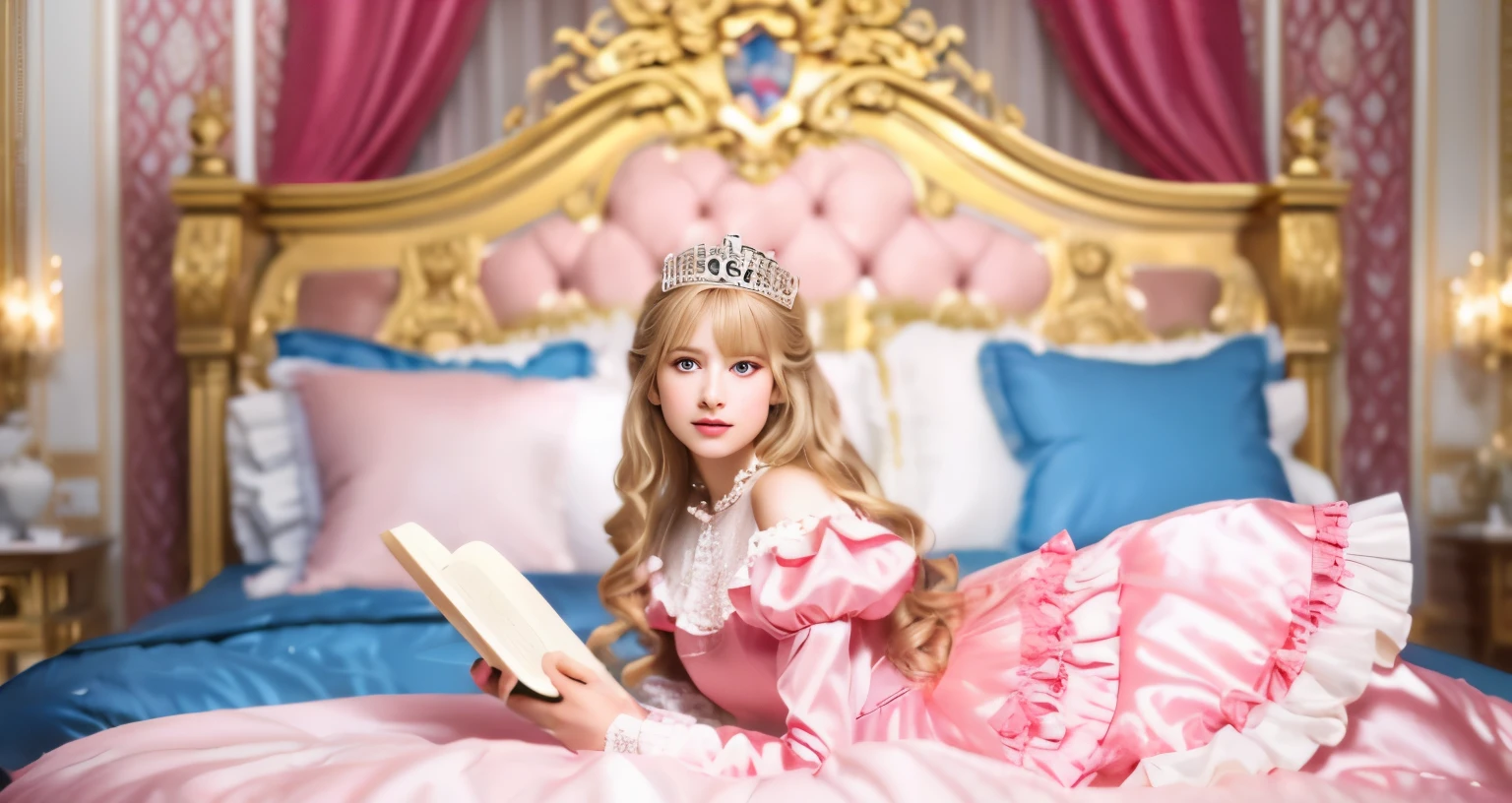 ,highest quality, masterpiece, highest resolution, artwork, super それにget used to it, many get used to it, get used to it, それにget used to it, 3K realistic photos,,(( When I was )),Super detailed baby face,She is a princess,Full length ball gown dress with hoop skirt,ruffle yoke collar,puff sleeves,long sleeve,((Lolita style pink detailed princess satin dress、Comes with lots of frills and ribbons。)),colorful rococo fashion,shiny satin dress,Soft and smooth fabric,luxury,long blonde hair,blue eyes,white skin european,pajamas,((inside the palace)),,,(( When I was 10 years old)),Sd baby face,Full length ball gown dress with hoop skirt,long skirt,ruffle yoke collar,puff sleeves,腰まで伸びるlong blonde hair,blue eyes,white skin european,pajamas,((inside the palace bedroom)),ピンクのシルクサテンのluxuryなcanopy bedの上,canopy bed,Luxurious curtains on both sides of the bed,many frilly pillows on the bed,super detailed background,Detailed bed,romantic atmosphere,little princess is lying on the bed,Read picture books,both legs are hidden in the dress,the dress is spread across the bed,soft pink silk satin comforter,Beautiful girl illustration,detailed beautiful face detailed hair,detailed human eye ,detailed mouth, arm details,detailed hand,detailed picture book