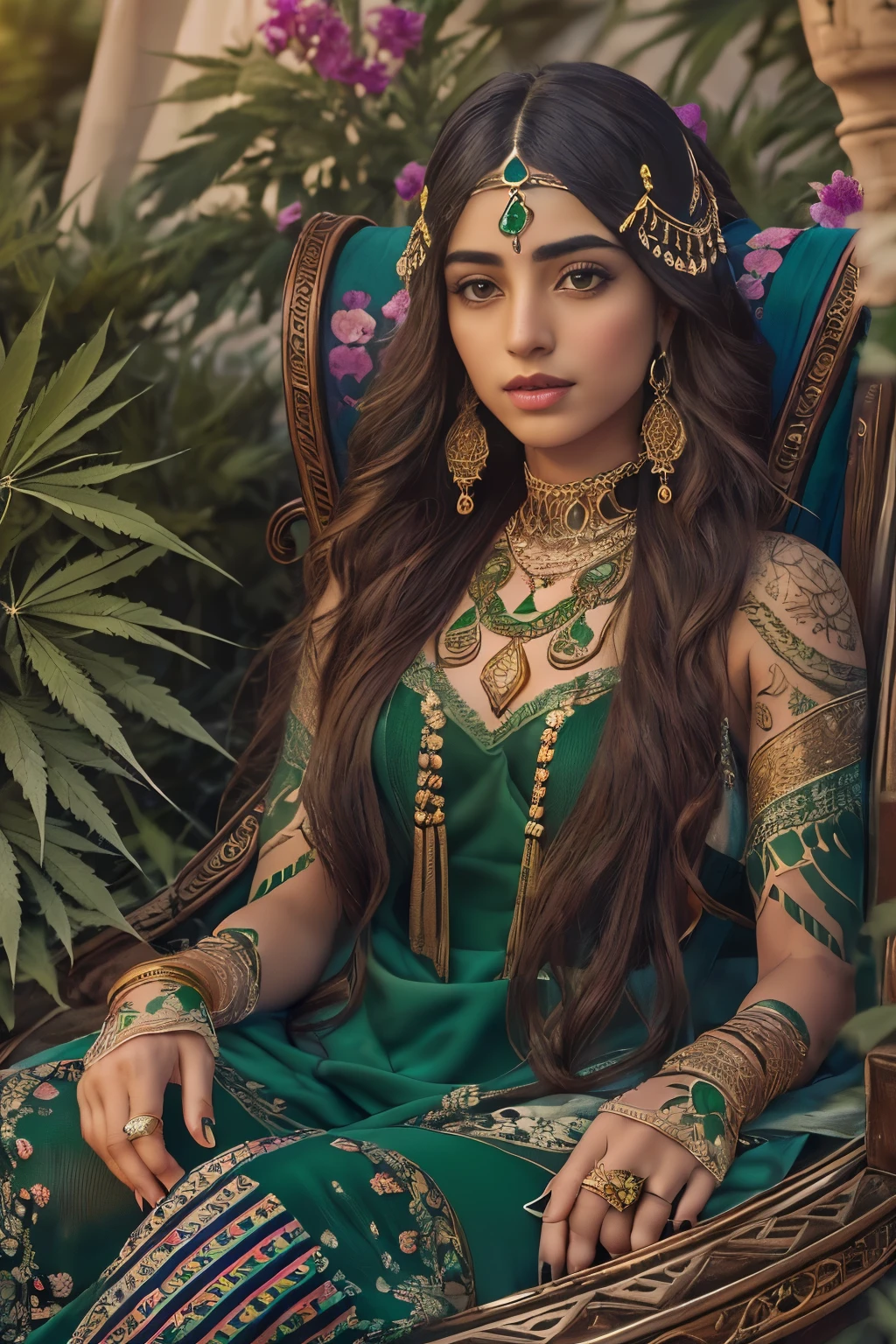 ((joyful ((athletic and healthy ((Palestinian)) girl)) with very long hair (sitting in opulent) throne while peacefully observing the sunrise, (wearing detailed sheer emerald-green negligee), (wearing antique lace necklace), (detailed cannabis flower tattoos on arms and legs), plump legs spread apart, high quality photo, outside next to flowing riverbank with incense burning and (with many potted plants during foggy sunrise)