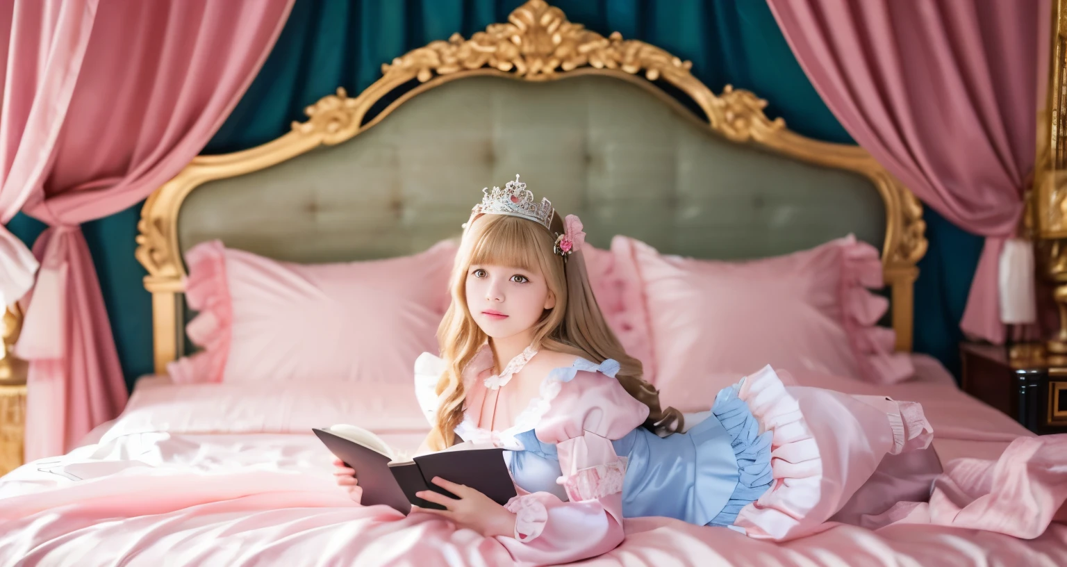 ,highest quality, masterpiece, highest resolution, artwork, super それにget used to it, many get used to it, get used to it, それにget used to it, 3K realistic photos,,(( When I was 10 years old)),Super detailed baby face,She is a princess,Full length ball gown dress with hoop skirt,ruffle yoke collar,puff sleeves,long sleeve,((Lolita style hot pink detailed princess satin dress、Comes with lots of frills and ribbons。)),colorful rococo fashion,shiny satin dress,Soft and smooth fabric,luxury,long blonde hair,blue eyes,white skin european,pajamas,((inside the palace)),,,(( When I was 10 years old)),Super detailed baby face,Full length ball gown dress with hoop skirt,long skirt,ruffle yoke collar,puff sleeves,腰まで伸びるlong blonde hair,blue eyes,white skin european,pajamas,((inside the palace bedroom)),ピンクのシルクサテンのluxuryなcanopy bedの上,canopy bed,Luxurious curtains on both sides of the bed,many frilly pillows on the bed,super detailed background,Detailed bed,romantic atmosphere,little princess is lying on the bed,Read picture books,both legs are hidden in the dress,the dress is spread across the bed,soft pink silk satin comforter,Beautiful girl illustration,detailed beautiful face detailed hair,detailed human eye ,detailed mouth, arm details,detailed hand,detailed picture book