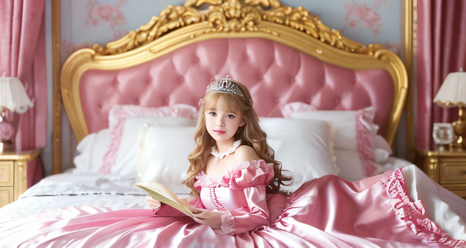 ,highest quality, masterpiece, highest resolution, artwork, super それにget used to it, many get used to it, get used to it, それにget used to it, 3K realistic photos,,(( When I was )),Super detailed baby face,She is a princess,Full length ball gown dress with hoop skirt,ruffle yoke collar,puff sleeves,long sleeve,((Lolita style pink detailed princess satin dress、Comes with lots of frills and ribbons。)),colorful rococo fashion,shiny satin dress,Soft and smooth fabric,luxury,long blonde hair,blue eyes,white skin european,pajamas,((inside the palace)),,,(( When I was 10 years old)),Sd baby face,Full length ball gown dress with hoop skirt,long skirt,ruffle yoke collar,puff sleeves,腰まで伸びるlong blonde hair,blue eyes,white skin european,pajamas,((inside the palace bedroom)),ピンクのシルクサテンのluxuryなcanopy bedの上,canopy bed,Luxurious curtains on both sides of the bed,many frilly pillows on the bed,super detailed background,Detailed bed,romantic atmosphere,little princess is lying on the bed,Read picture books,both legs are hidden in the dress,the dress is spread across the bed,soft pink silk satin comforter,Beautiful girl illustration,detailed beautiful face detailed hair,detailed human eye ,detailed mouth, arm details,detailed hand,detailed picture book